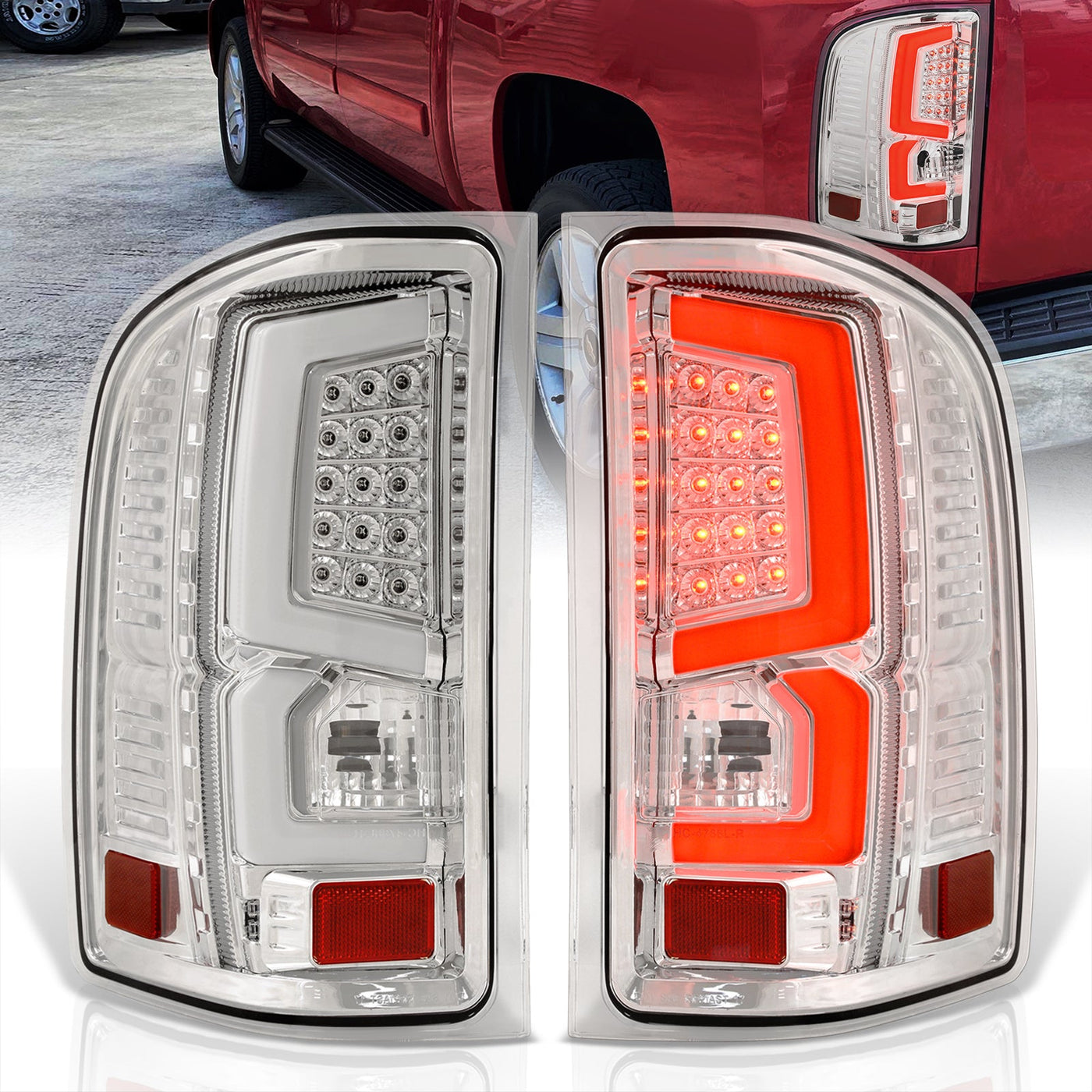 Chevrolet Silverado 2007-2013 LED Bar Tail Lights Chrome Housing Clear Len White Tube