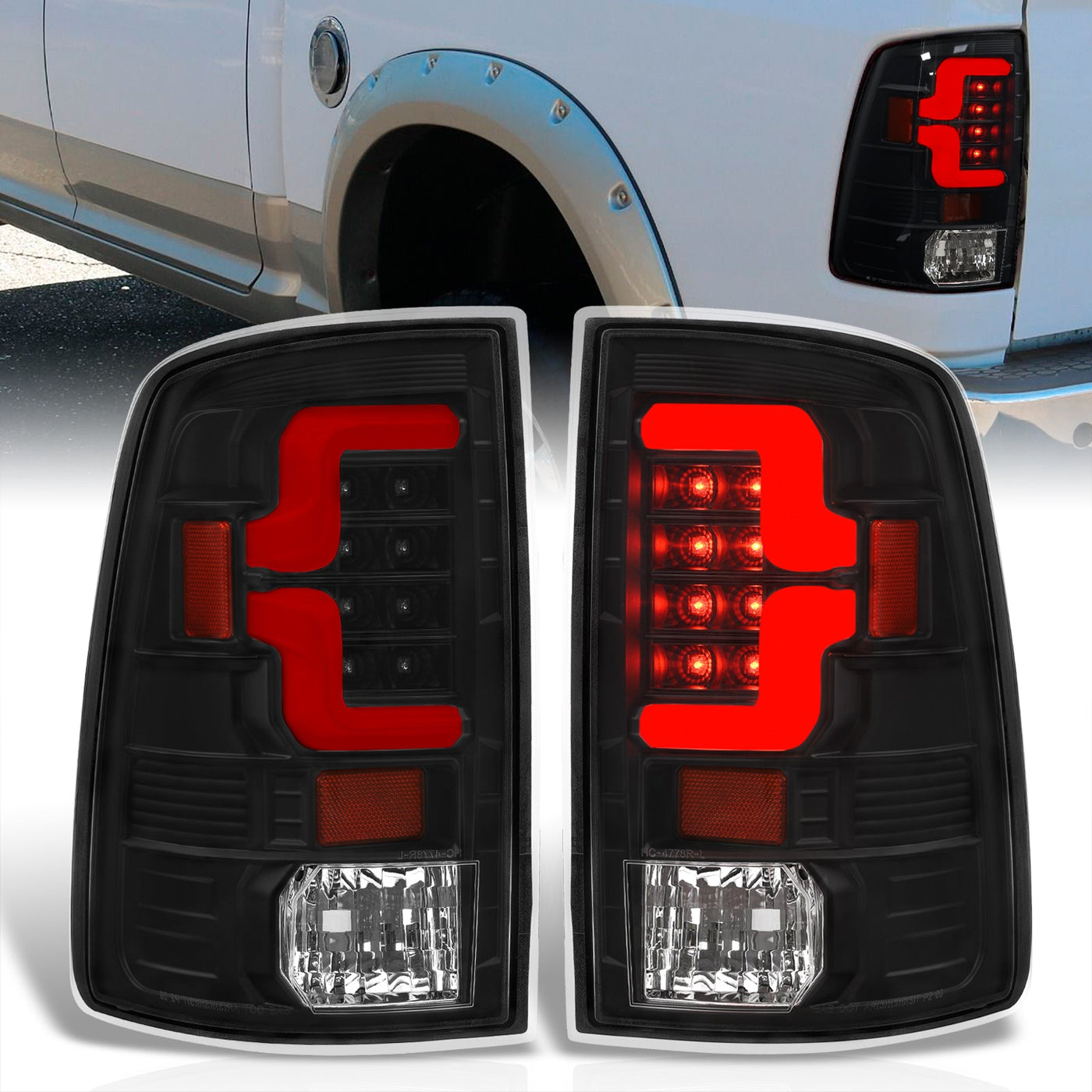 Dodge Ram 1500 2009-2018 / 2500 3500 2010-2018 LED Bar Tail Lights Black Housing Clear Len Red Tube (Excluding OEM LED Models)