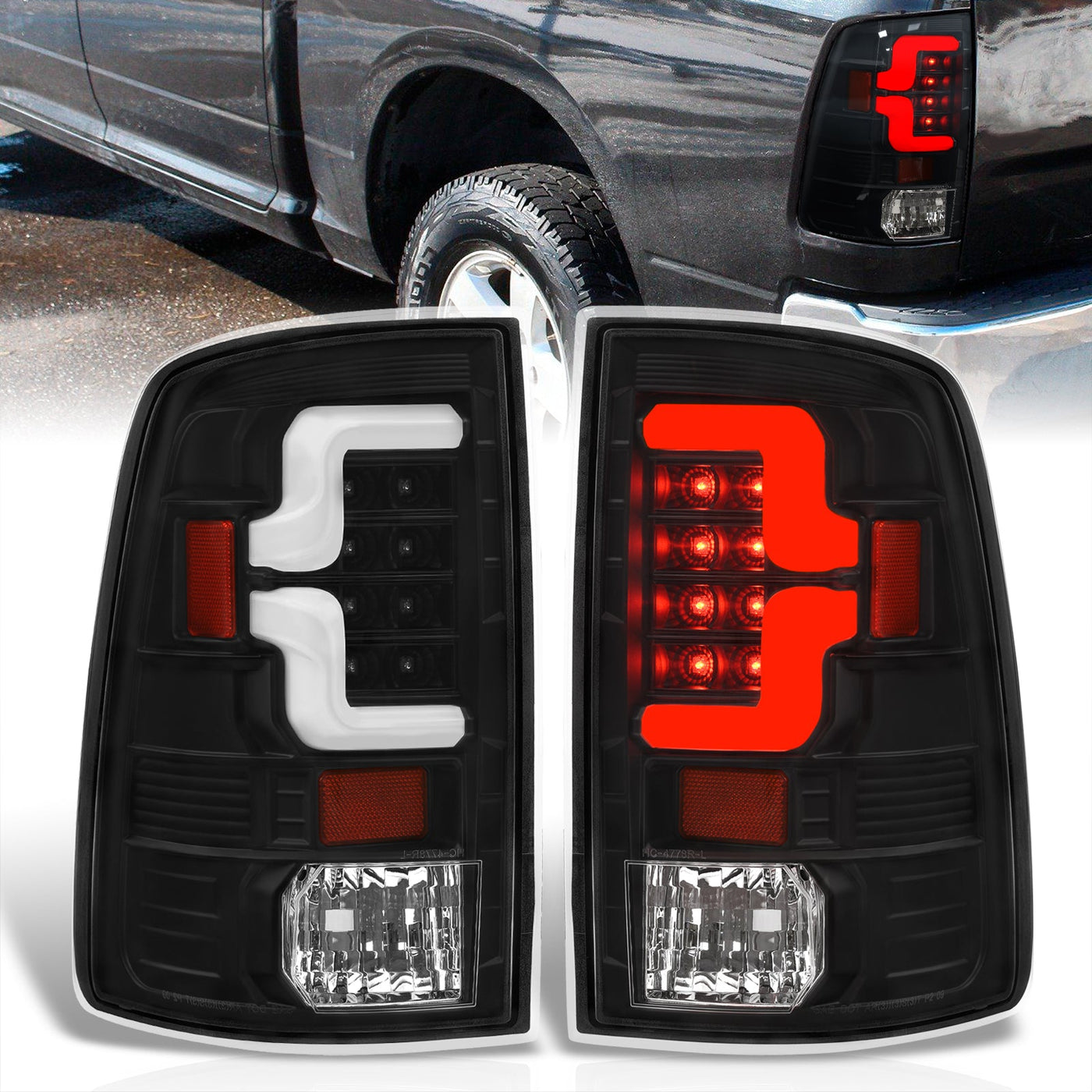 Dodge Ram 1500 2009-2018 / 2500 3500 2010-2018 LED Bar Tail Lights Black Housing Clear Len White Tube (Excluding OEM LED Models)