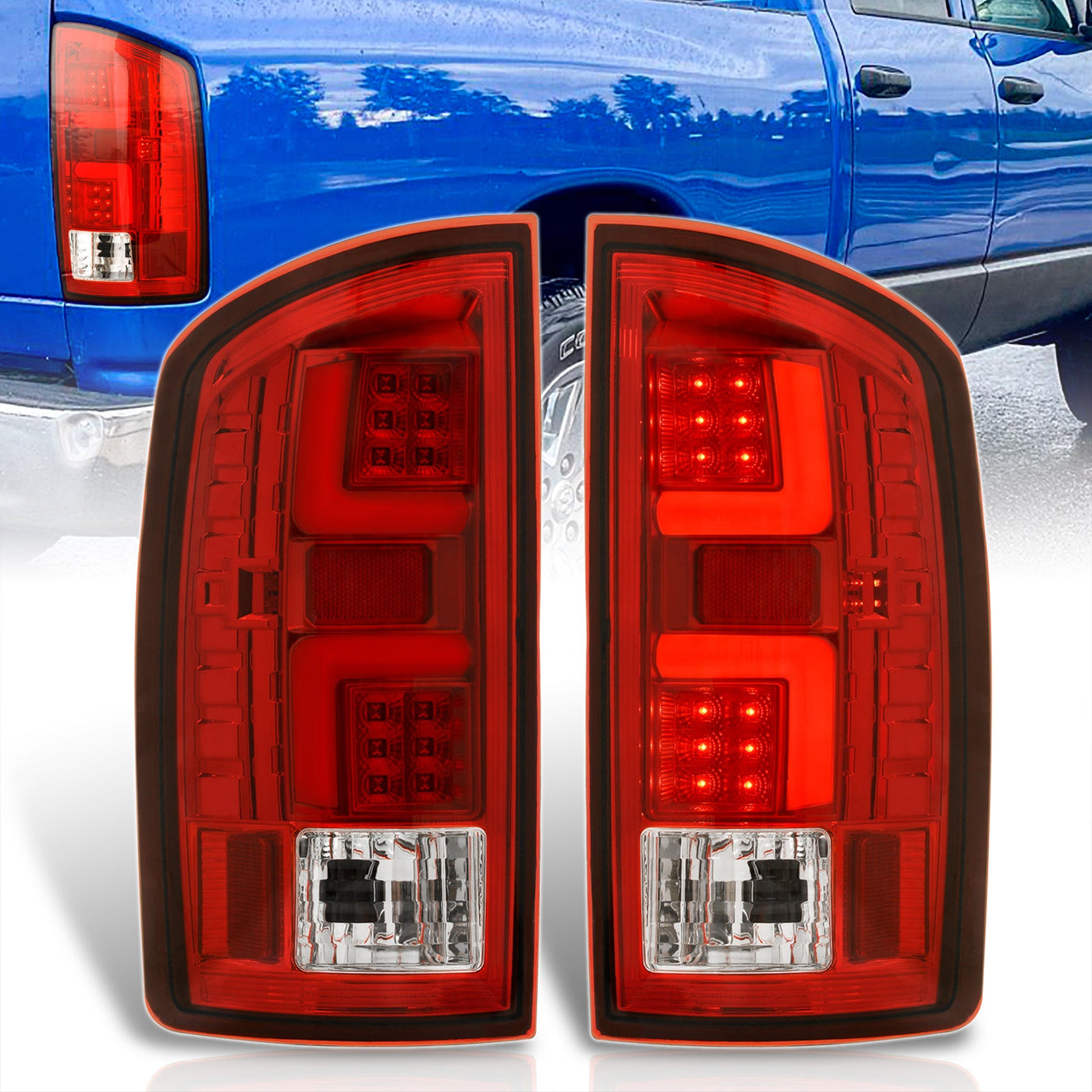 Dodge Ram 1500 2002-2006 / 2500 3500 2003-2006 LED Bar Tail Lights Chrome Housing Red Len White Tube (Excluding OEM LED Models)