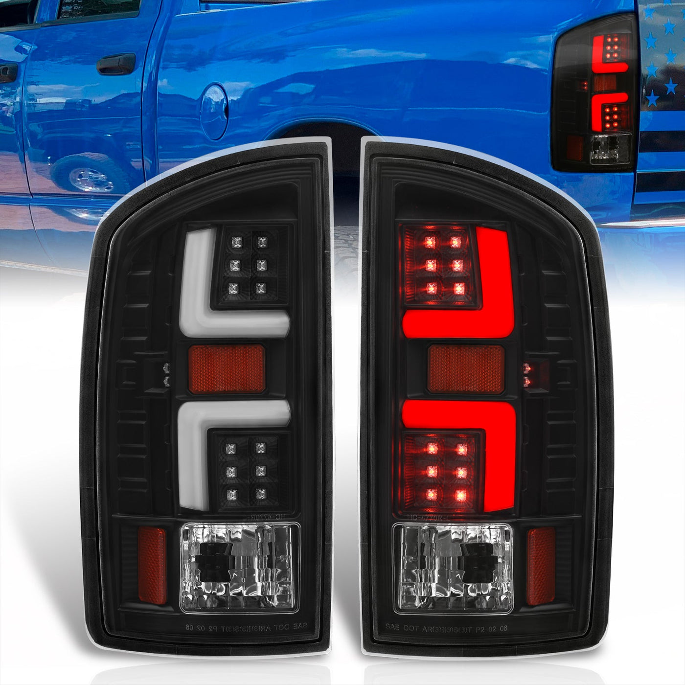 Dodge Ram 1500 2002-2006 / 2500 3500 2003-2006 LED Bar Tail Lights Black Housing Clear Len White Tube (Excluding OEM LED Models)