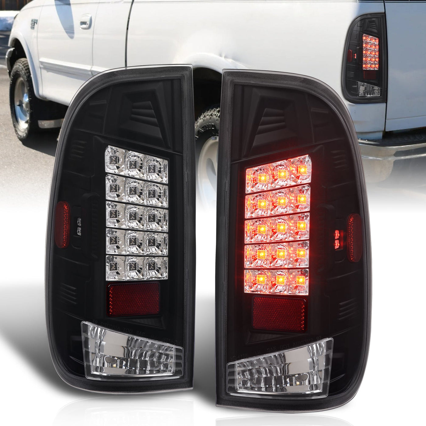 Ford F150 1997-2003 / F250 Light Duty 1997-1999 / F250 F350 F450 F550 Super Duty 1999-2007 LED Tail Lights Black Housing Clear Len (Styleside Models Only)