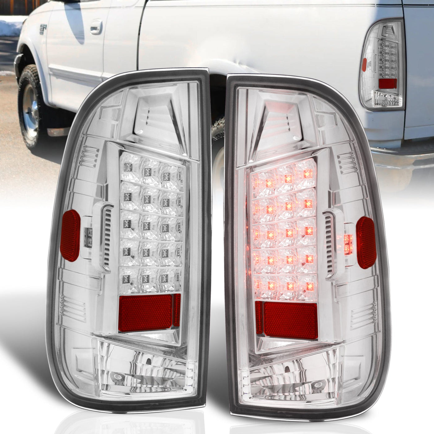 Ford F150 1997-2003 / F250 Light Duty 1997-1999 / F250 F350 F450 F550 Super Duty 1999-2007 LED Tail Lights Chrome Housing Clear Len (Styleside Models Only)