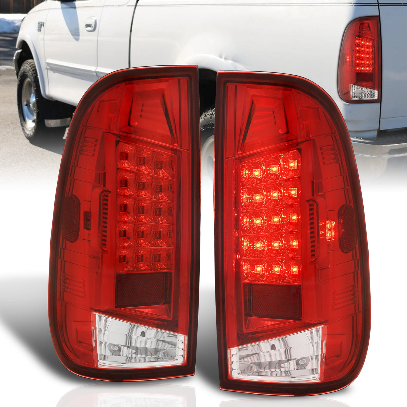 Ford F150 1997-2003 / F250 Light Duty 1997-1999 / F250 F350 F450 F550 Super Duty 1999-2007 LED Tail Lights Chrome Housing Red Len (Styleside Models Only)