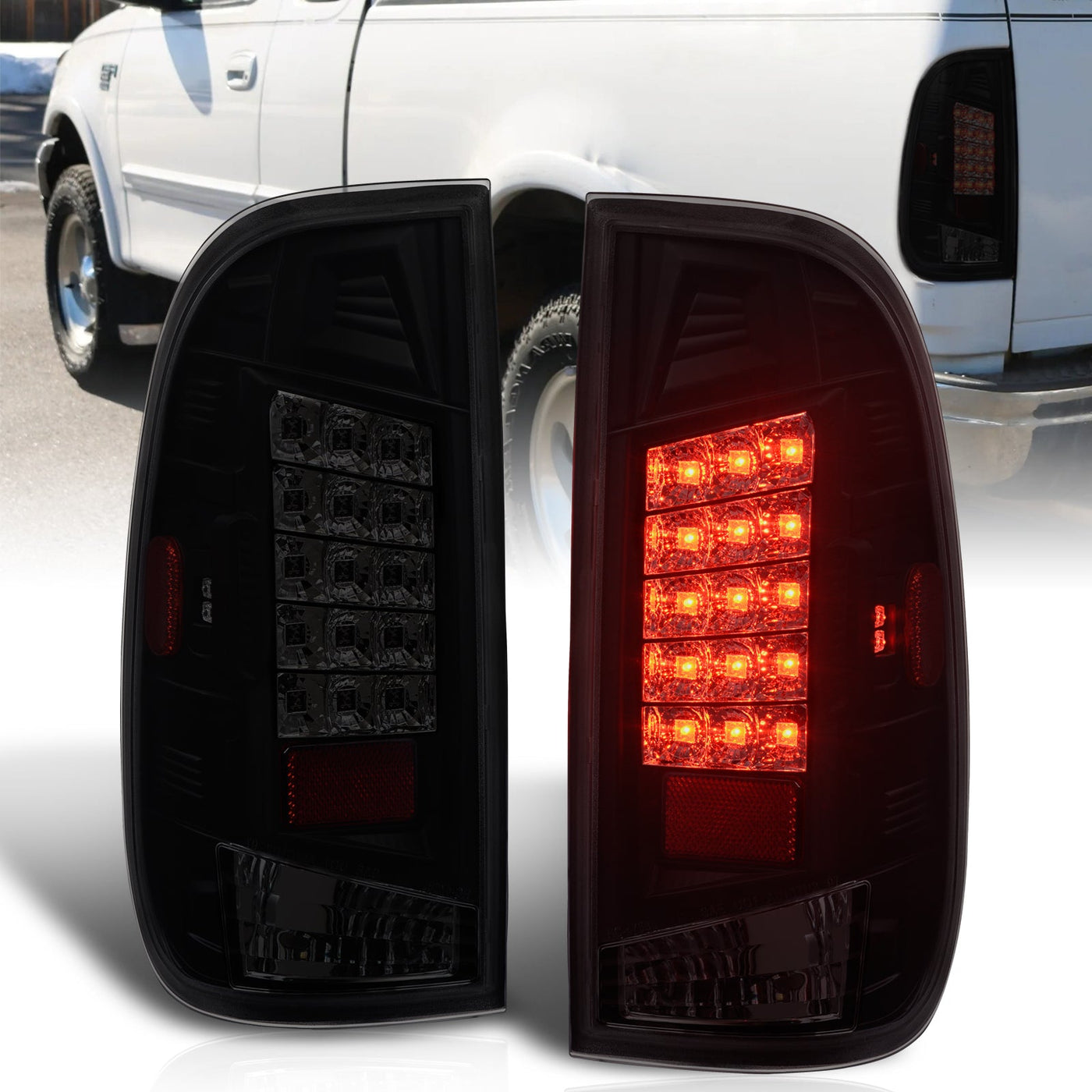 Ford F150 1997-2003 / F250 Light Duty 1997-1999 / F250 F350 F450 F550 Super Duty 1999-2007 LED Tail Lights Black Housing Smoked Len (Styleside Models Only)