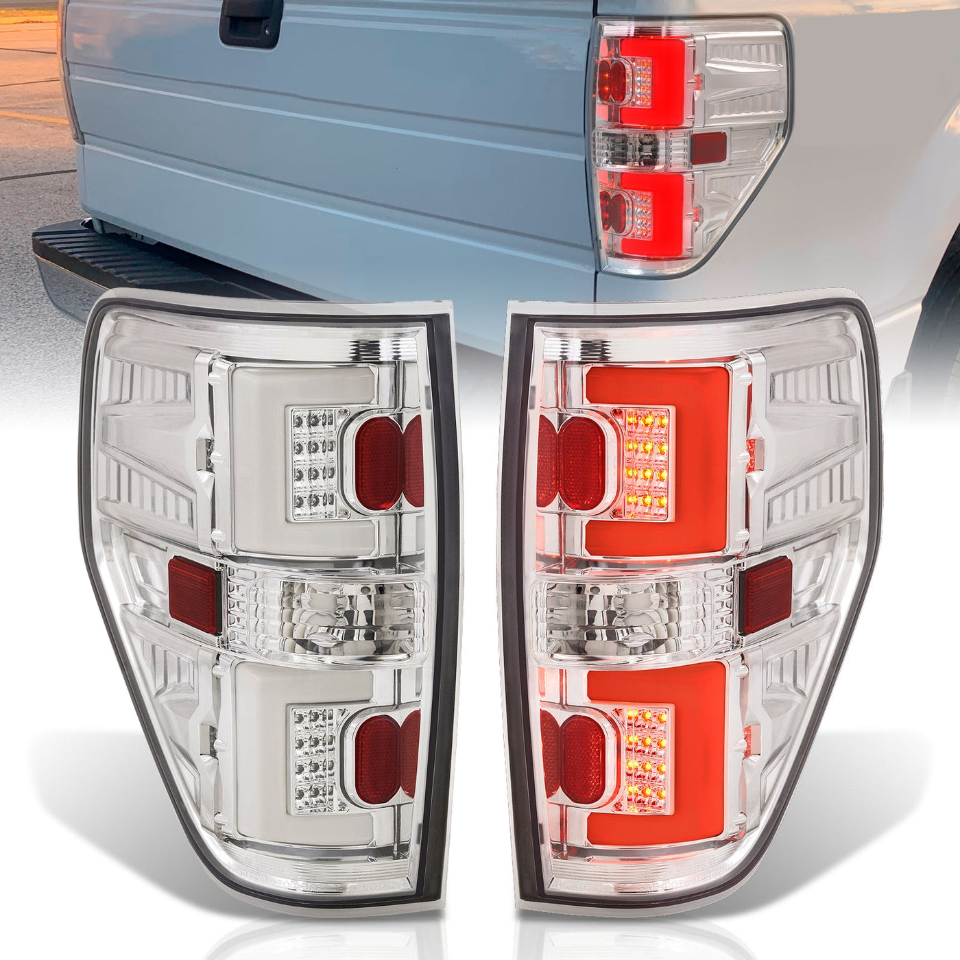 Ford F150 Styleside 2009-2014 LED Bar Tail Lights Chrome Housing Clear Len White Tube