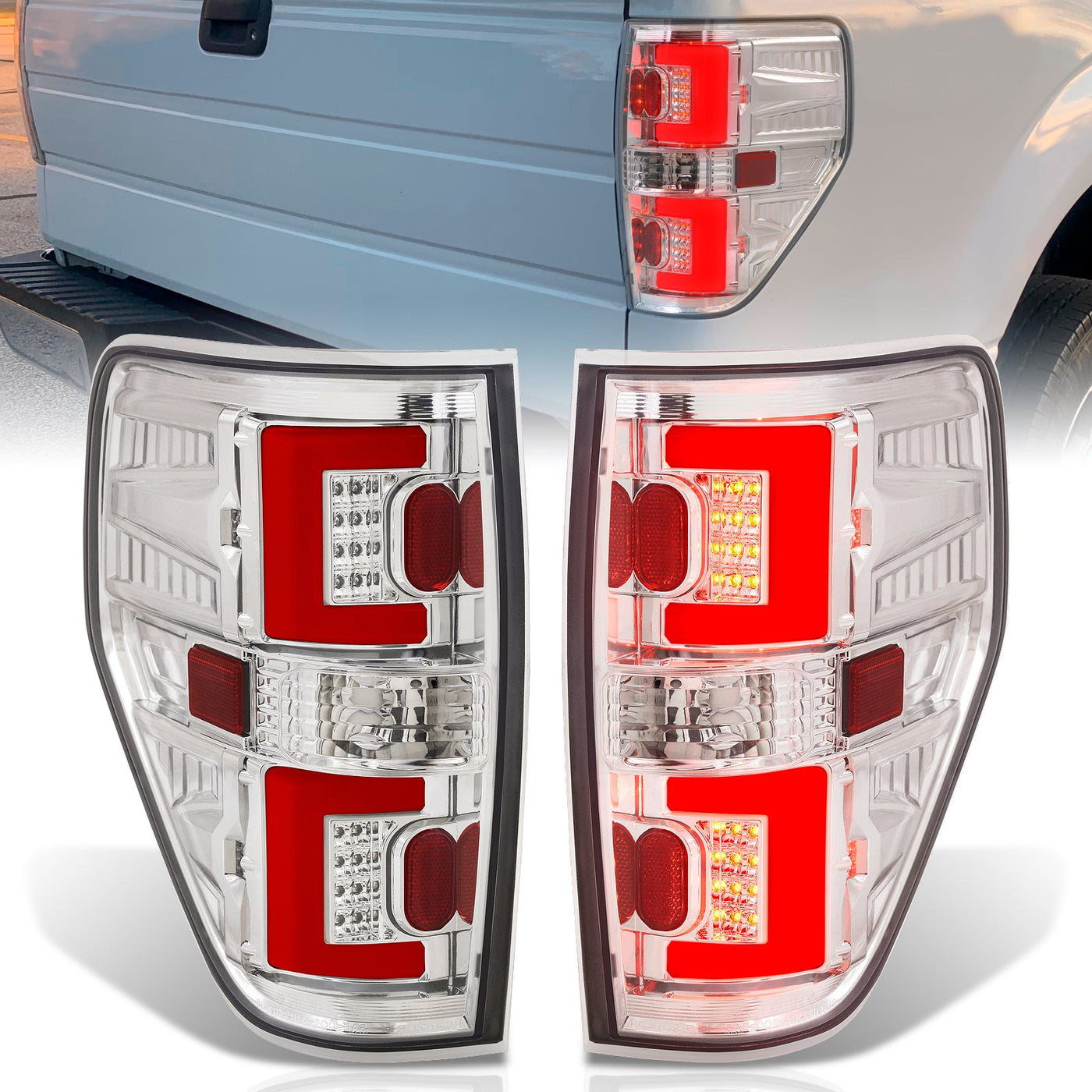 Ford F150 Styleside 2009-2014 LED Bar Tail Lights Chrome Housing Clear Len Red Tube