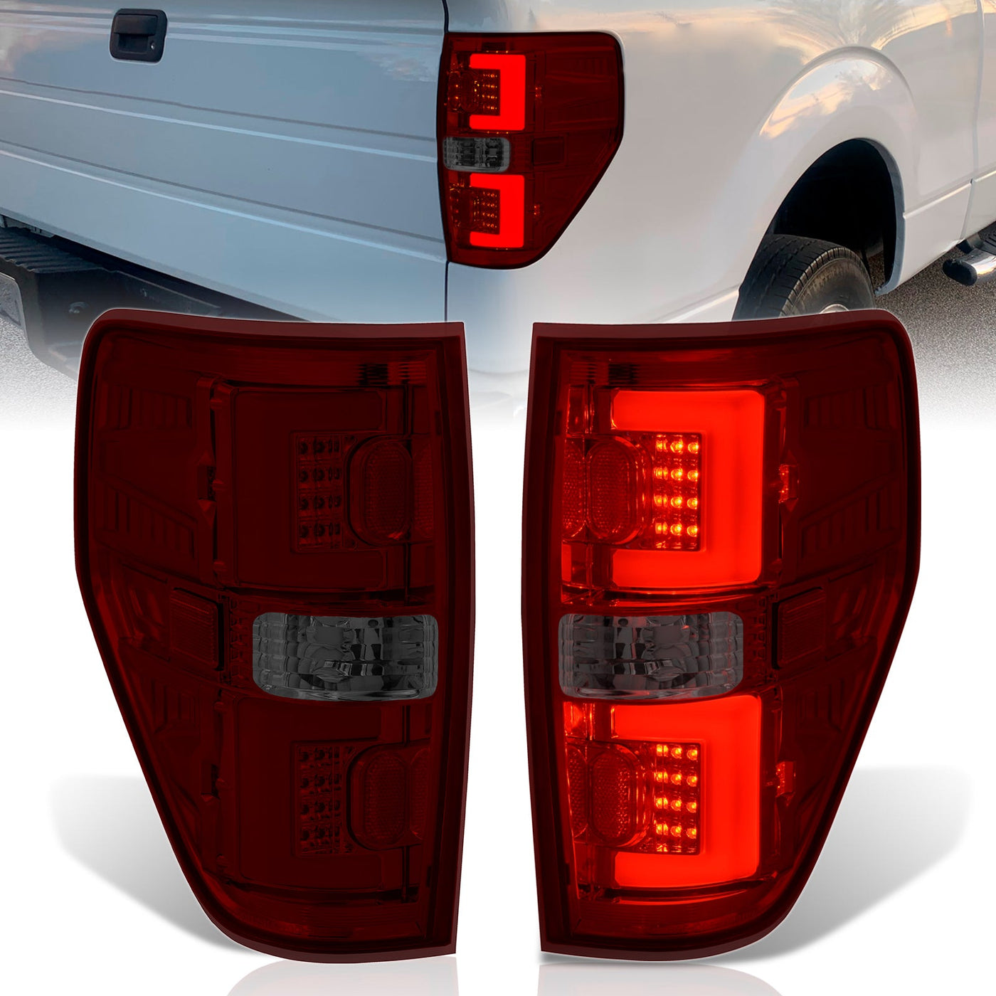 Ford F150 Styleside 2009-2014 LED Bar Tail Lights Chrome Housing Red Smoke Len White Tube