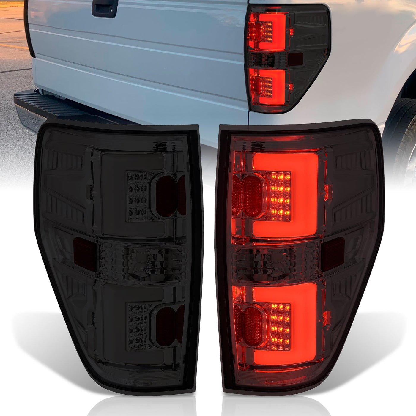 Ford F150 Styleside 2009-2014 LED Bar Tail Lights Chrome Housing Smoke Len White Tube