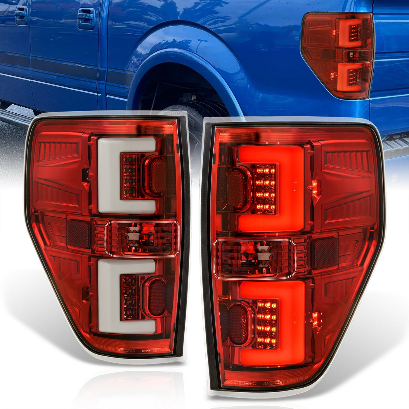 Ford F150 Styleside 2009-2014 LED Bar Tail Lights Red Housing Clear Len White Tube