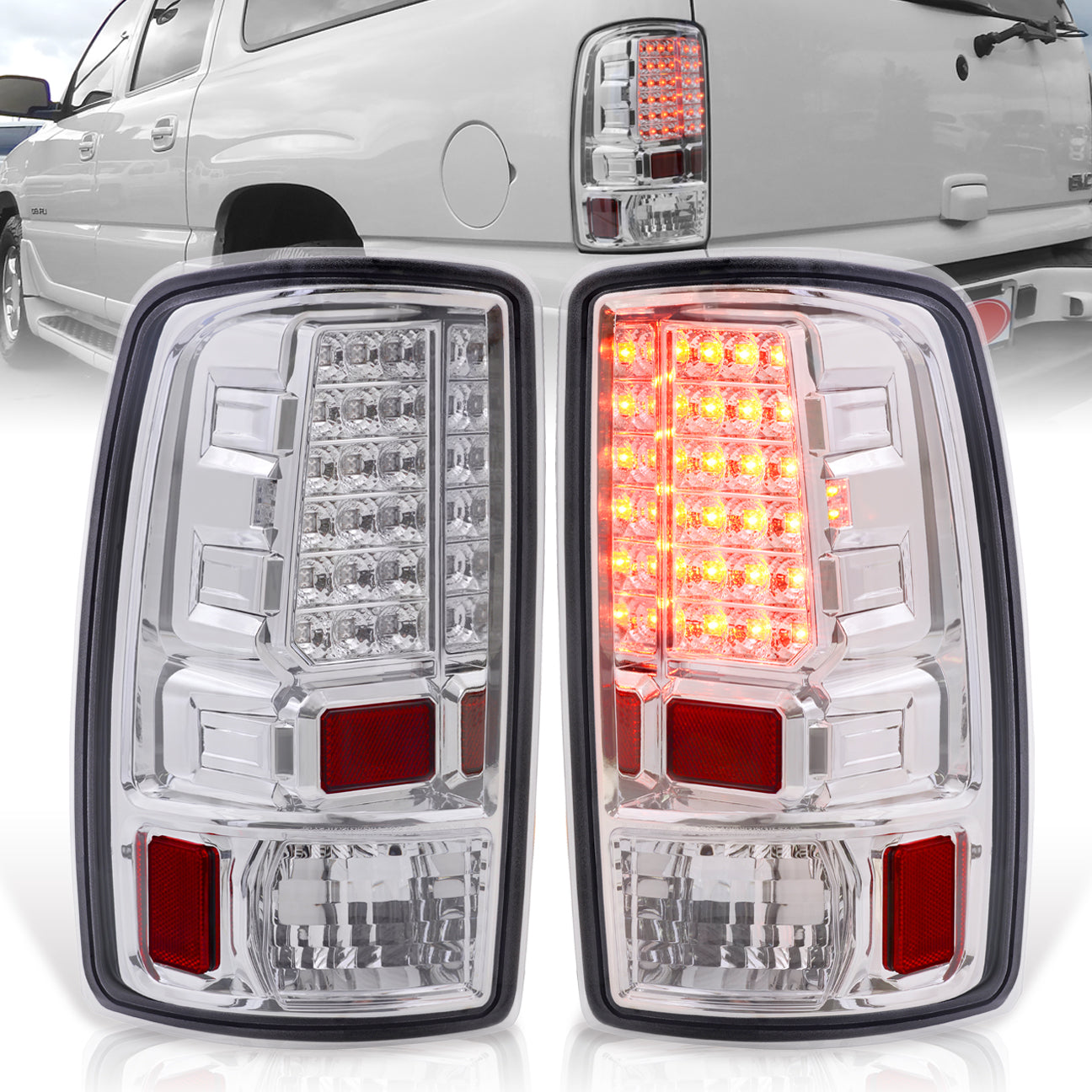 Chevrolet Suburban Tahoe 2000-2006 / GMC Yukon XL 2000-2006 / Yukon Denali 2001-2006 LED Tail Lights Chrome Housing Clear Len (Excluding Barn Door Trunks)