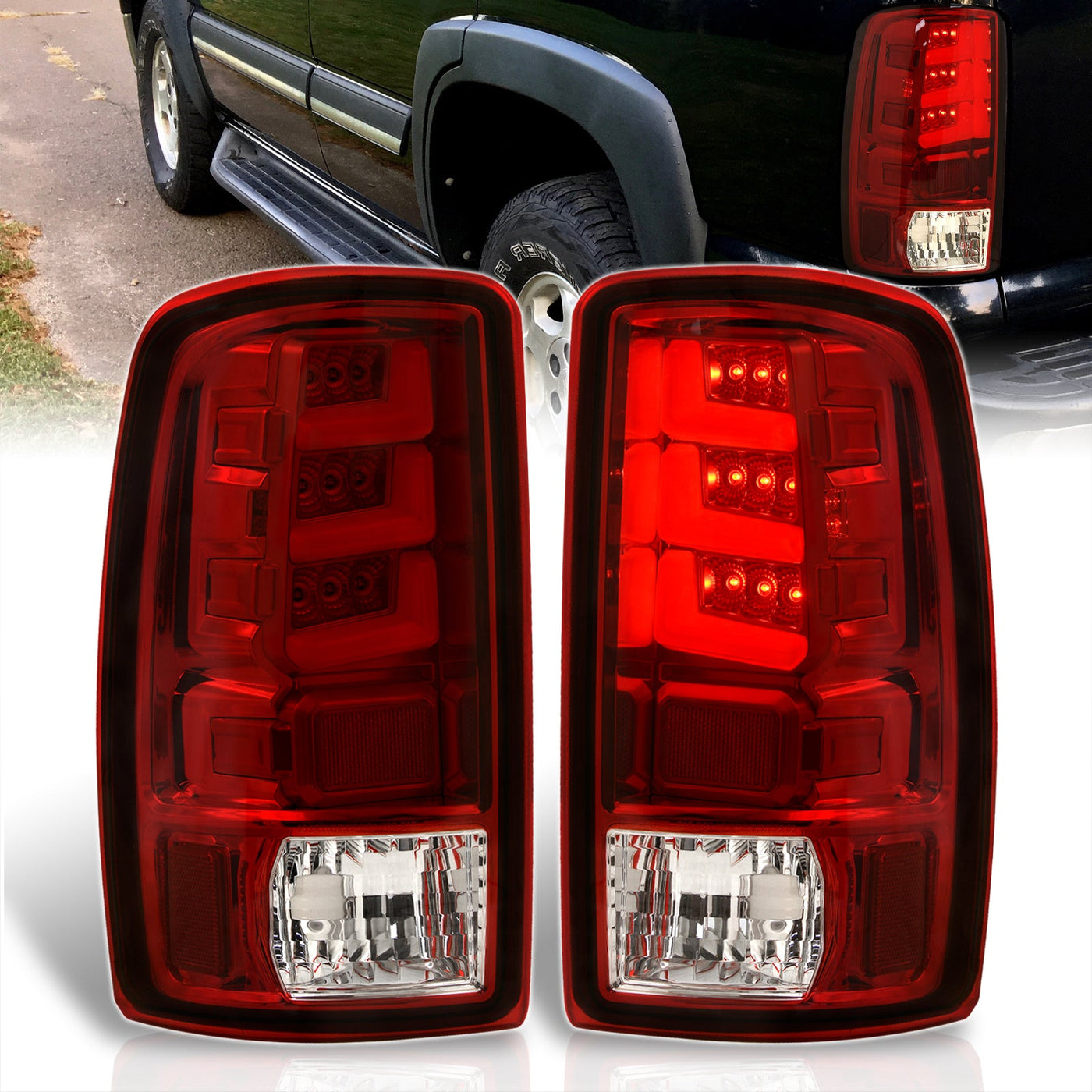 Chevrolet Suburban Tahoe 2000-2006 / GMC Yukon XL 2000-2006 / Yukon Denali 2001-2006 LED Bar Tail Lights Chrome Housing Red Len White Tube (Excluding Barn Door Trunks)