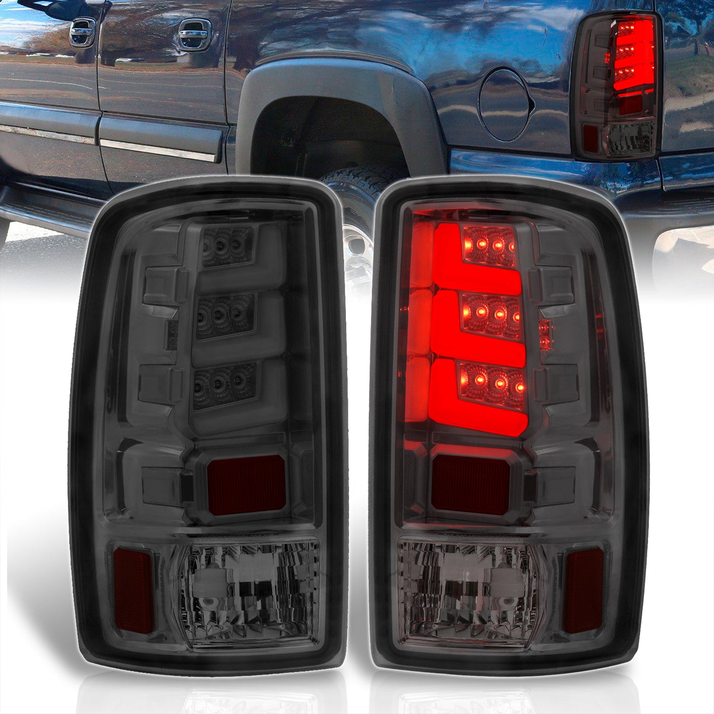 Chevrolet Suburban Tahoe 2000-2006 / GMC Yukon XL 2000-2006 / Yukon Denali 2001-2006 LED Bar Tail Lights Chrome Housing Smoke Len White Tube (Excluding Barn Door Trunks)