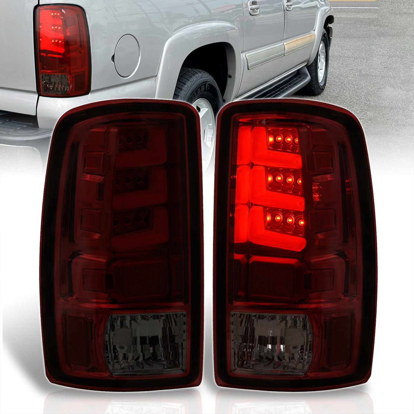 Chevrolet Suburban Tahoe 2000-2006 / GMC Yukon XL 2000-2006 / Yukon Denali 2001-2006 LED Bar Tail Lights Chrome Housing Red Smoke Len White Tube (Excluding Barn Door Trunks)