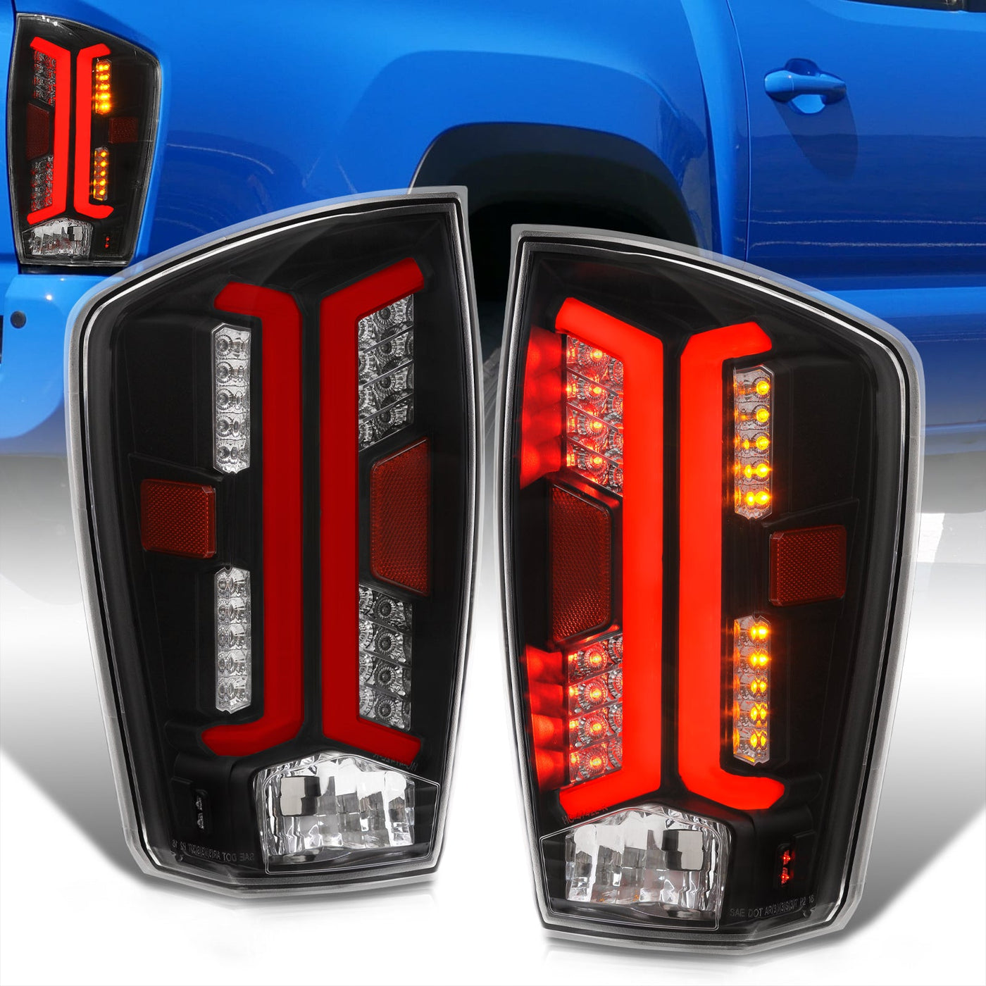 Toyota Tacoma 2016-2023 LED Bar Tail Lights Black Housing Clear Len Red Tube