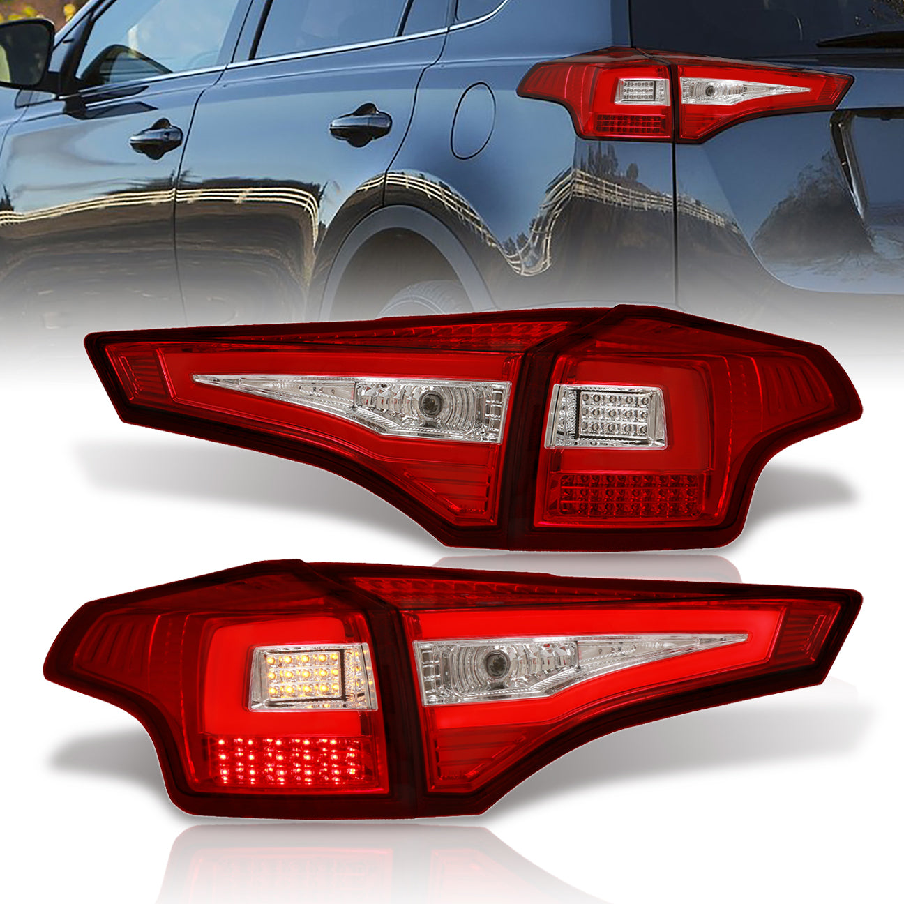 Toyota RAV4 2013-2015 LED Bar Tail Lights Chrome Housing Red Len White Tube