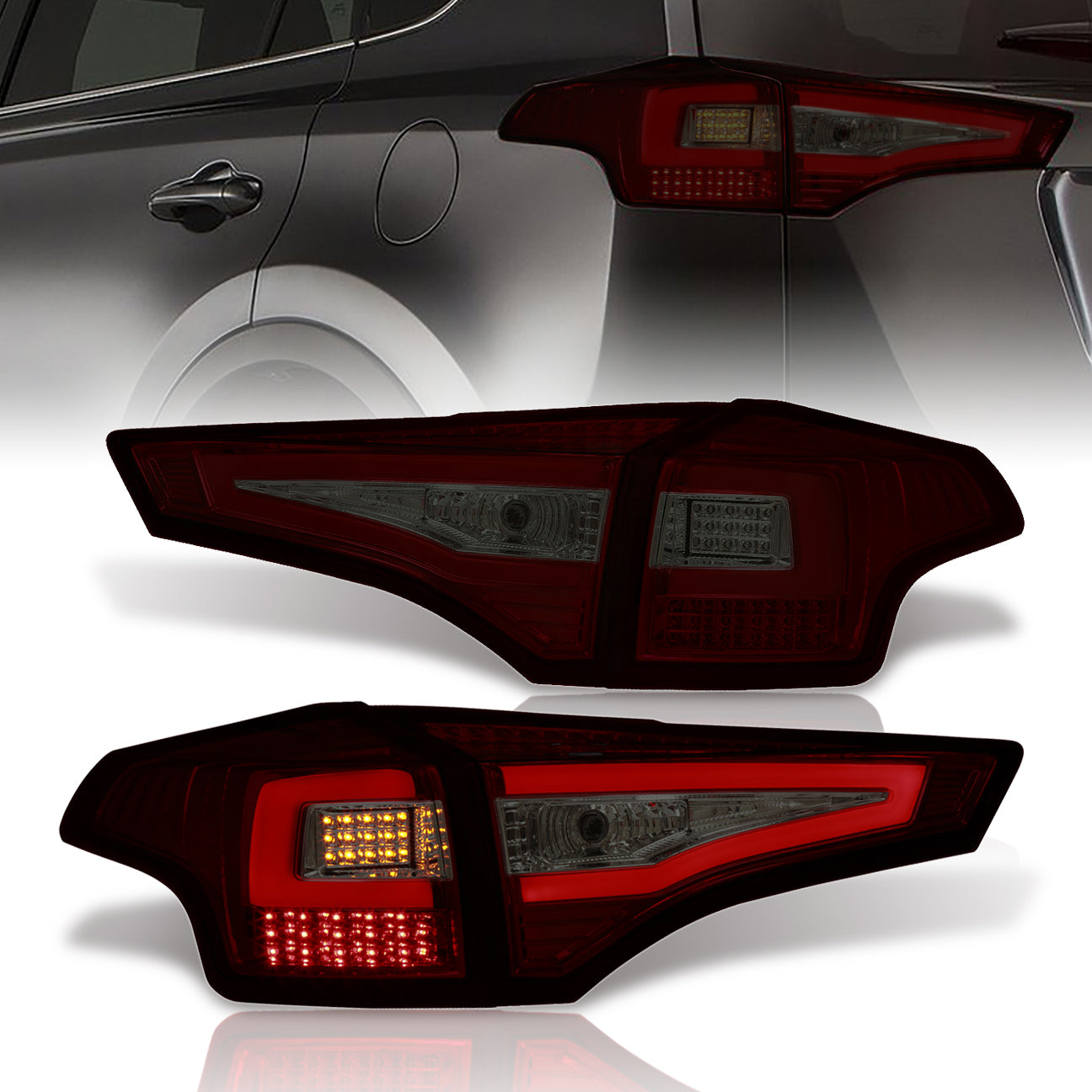 Toyota RAV4 2013-2015 LED Bar Tail Lights Chrome Housing Red Smoke Len White Tube