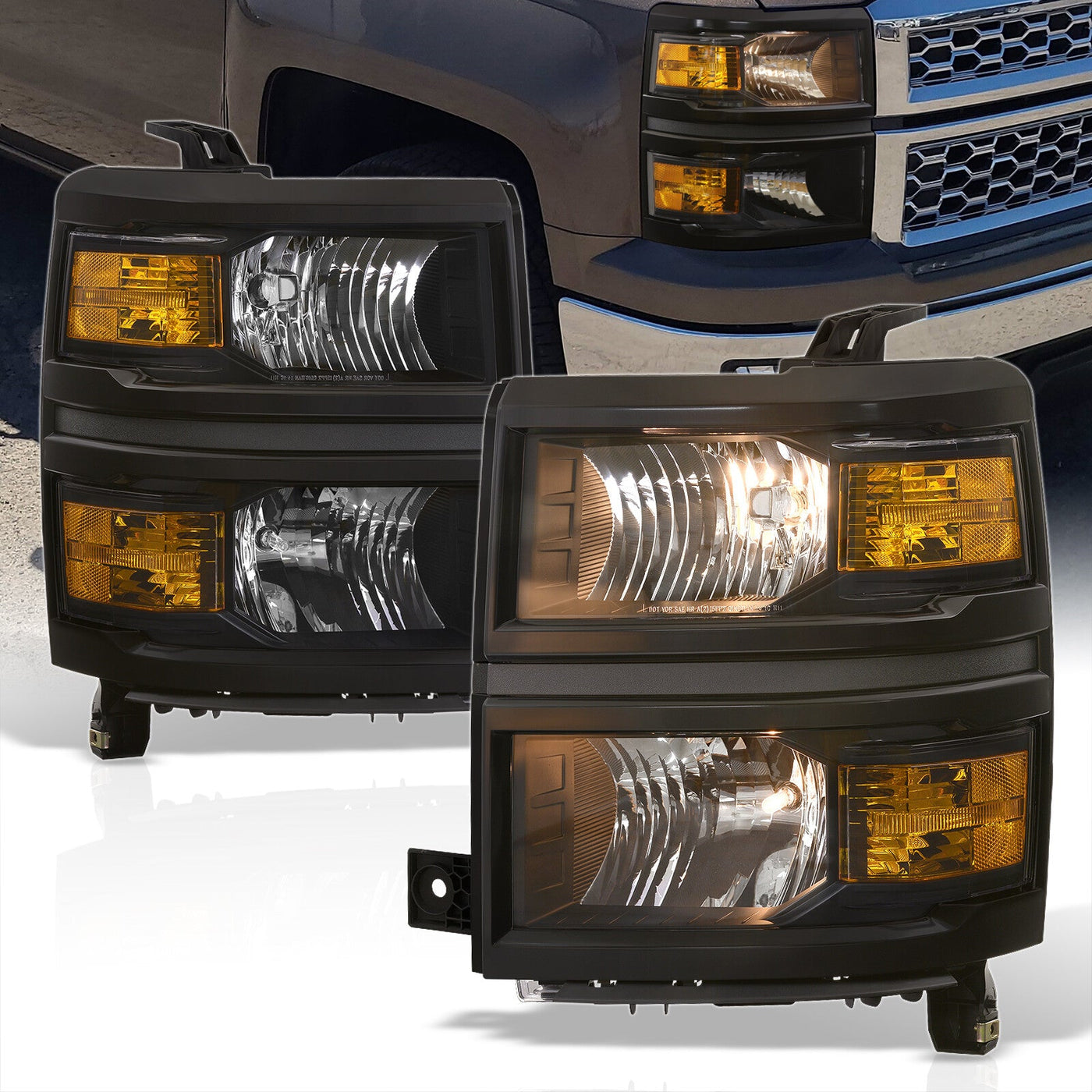 Chevrolet Silverado 1500 2014-2015 Factory Style Headlights Black Housing Clear Len Amber Reflector (Will Not Fit 2500 & HD Models)