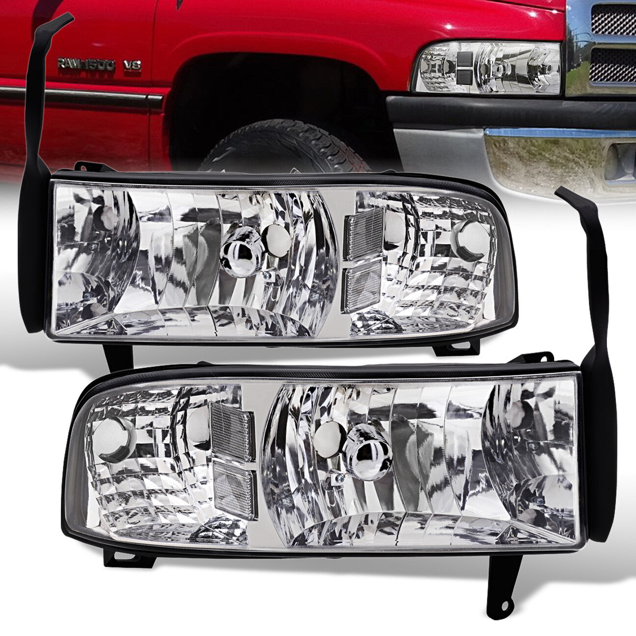 Dodge Ram 1500 2500 3500 1994-2001 1 Piece Headlights Chrome Housing Clear Len Clear Reflector ( Except sports package models )