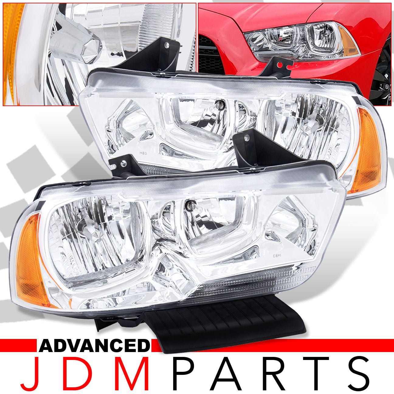 Dodge Charger 2011-2014 Factory Style Headlights Chrome Housing Clear Len Amber Reflector (Halogen Models Only)