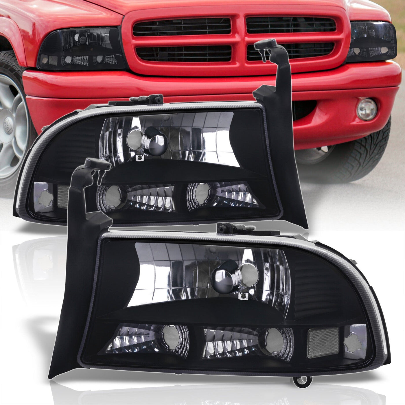 Dodge Dakota 1997-2004 / Durango 1998-2003 1 Piece Style Headlights + Bumpers Black Housing Clear Len Clear Reflector