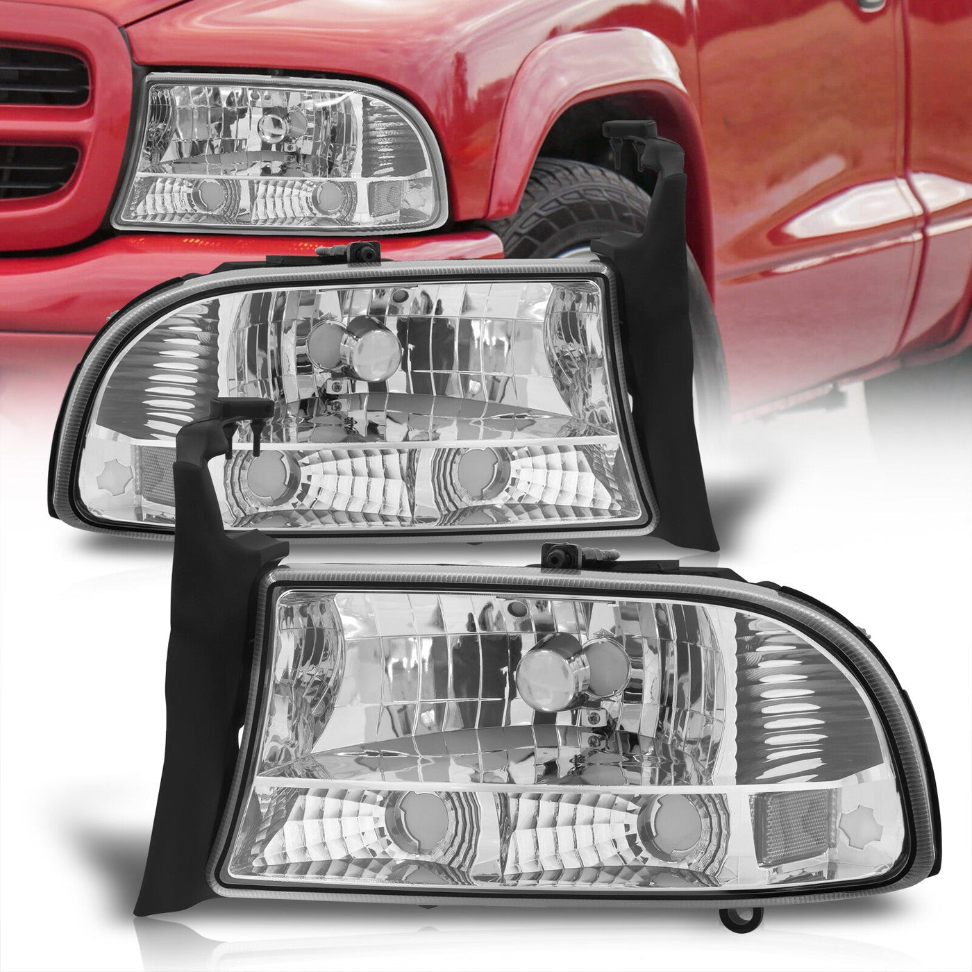 Dodge Dakota 1997-2004 / Durango 1998-2003 1 Piece Style Headlights + Bumpers Chrome Housing Clear Len Clear Reflector