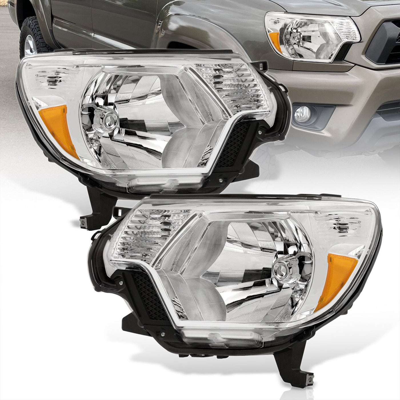 Toyota Tacoma 2012-2015 Factory Style Headlights Chrome Housing Clear Len Amber Reflector