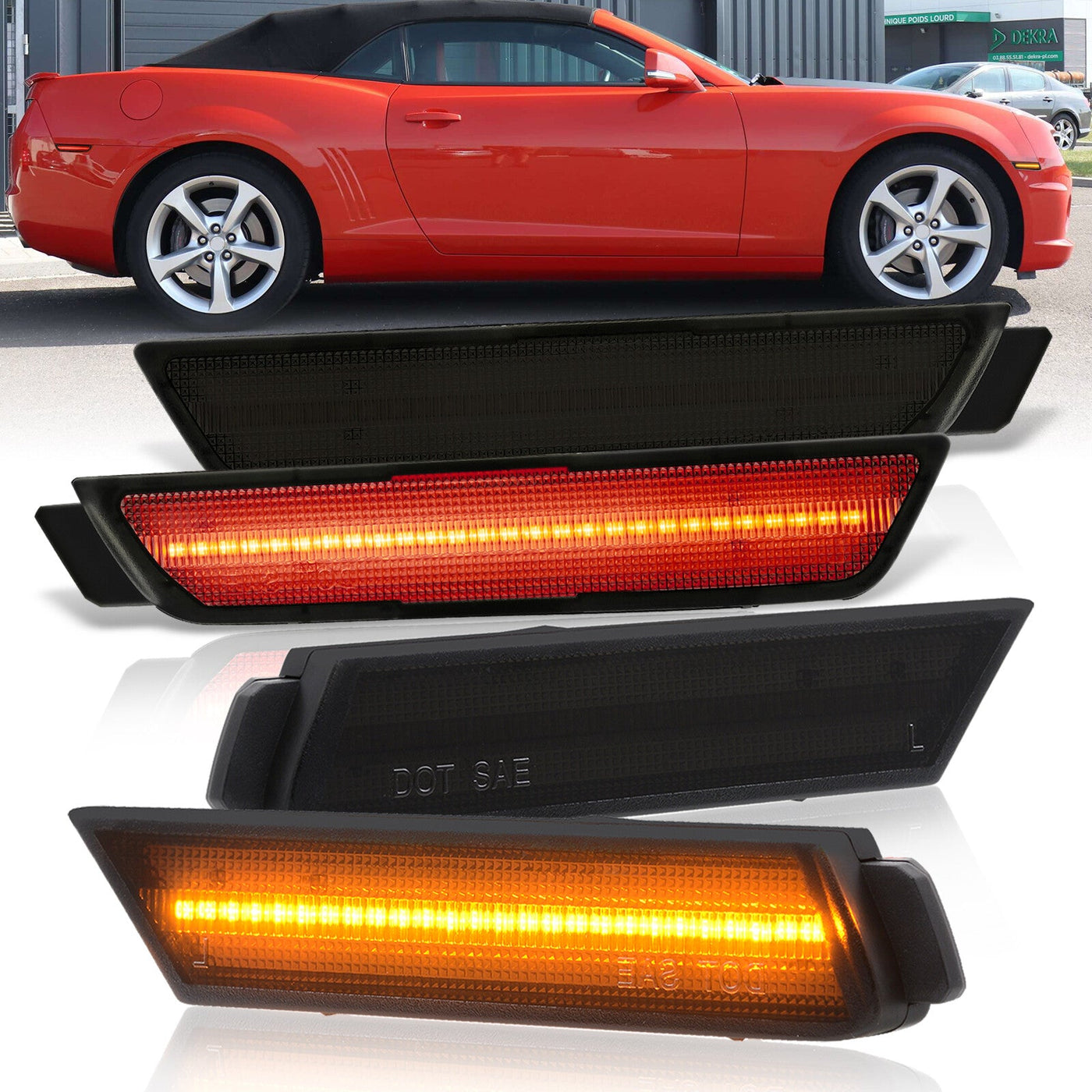 Chevrolet Camaro 2010-2015 Front Amber + Rear Red LED Side Marker Lights Smoke Lens