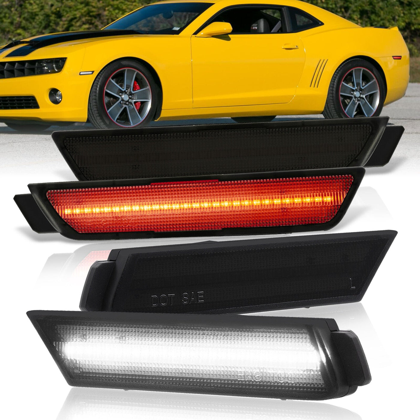 Chevrolet Camaro 2010-2015 Front White + Rear Red LED Side Marker Lights Smoke Lens