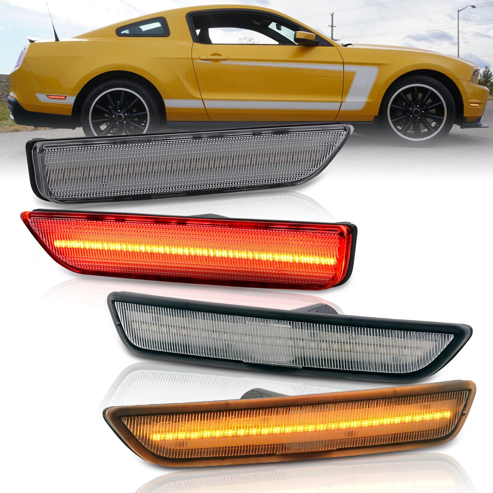 2010-2014 Ford Mustang LED Clear Lens Front Amber/Red Rear Bumper Side Markers Lights