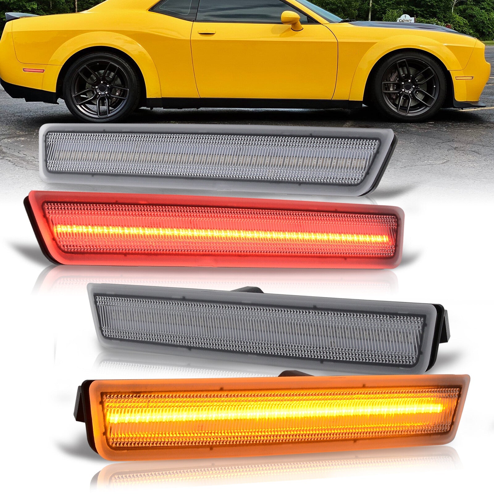 Dodge Challenger 2015-2022 4 Piece Front Amber & Rear Red LED Side Marker Lights Clear Len - Parts Agent