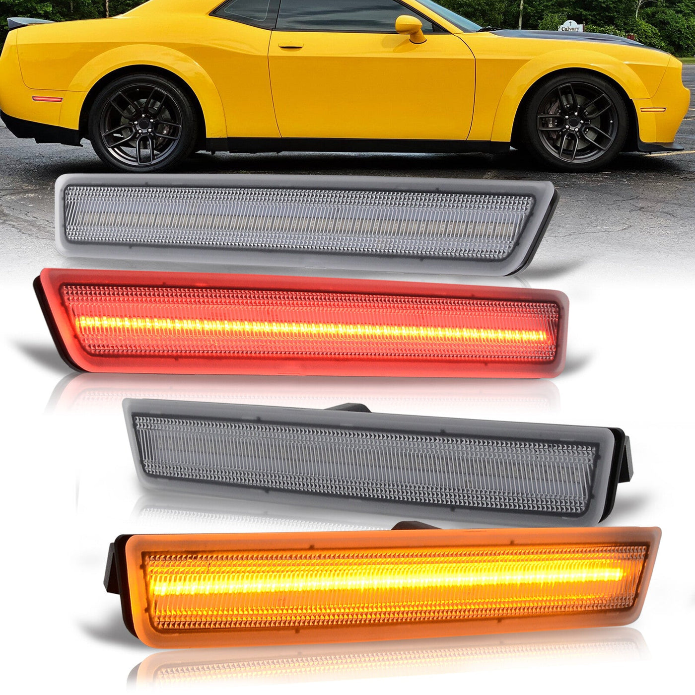 Dodge Challenger 2015-2022 4 Piece Front Amber & Rear Red LED Side Marker Lights Clear Len