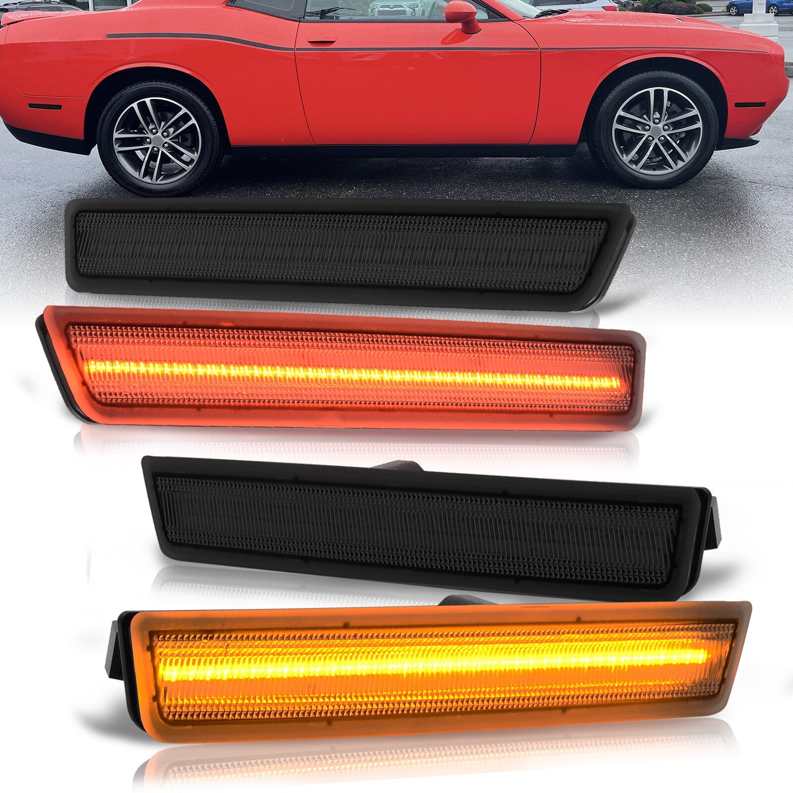 Dodge Challenger 2015-2022 4 Piece Front Amber & Rear Red LED Side Marker Lights Smoke Len - Parts Agent