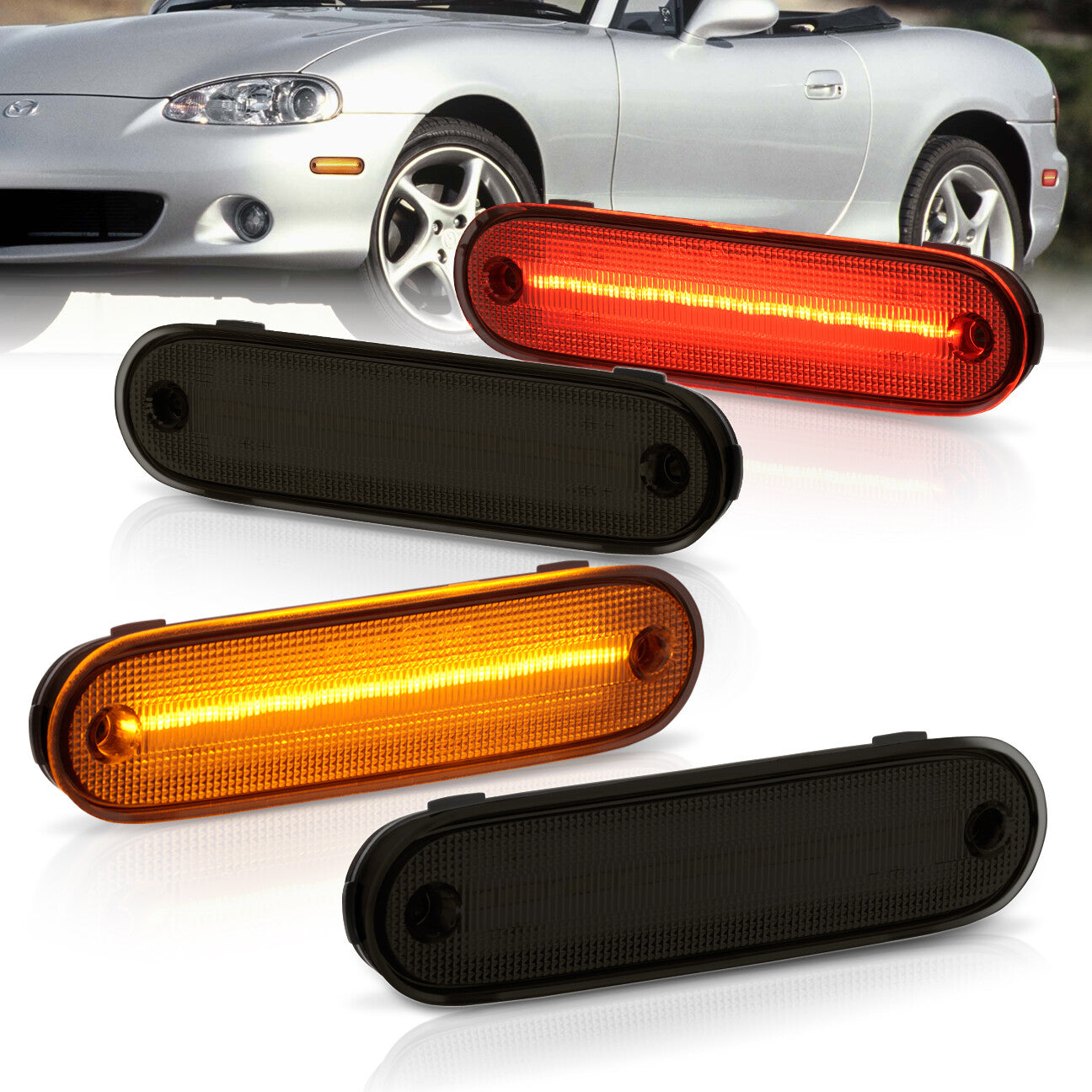 Mazda Miata MX-5 1990-2005 4 Piece Front Amber & Rear Red LED Side Marker Lights Smoke Len