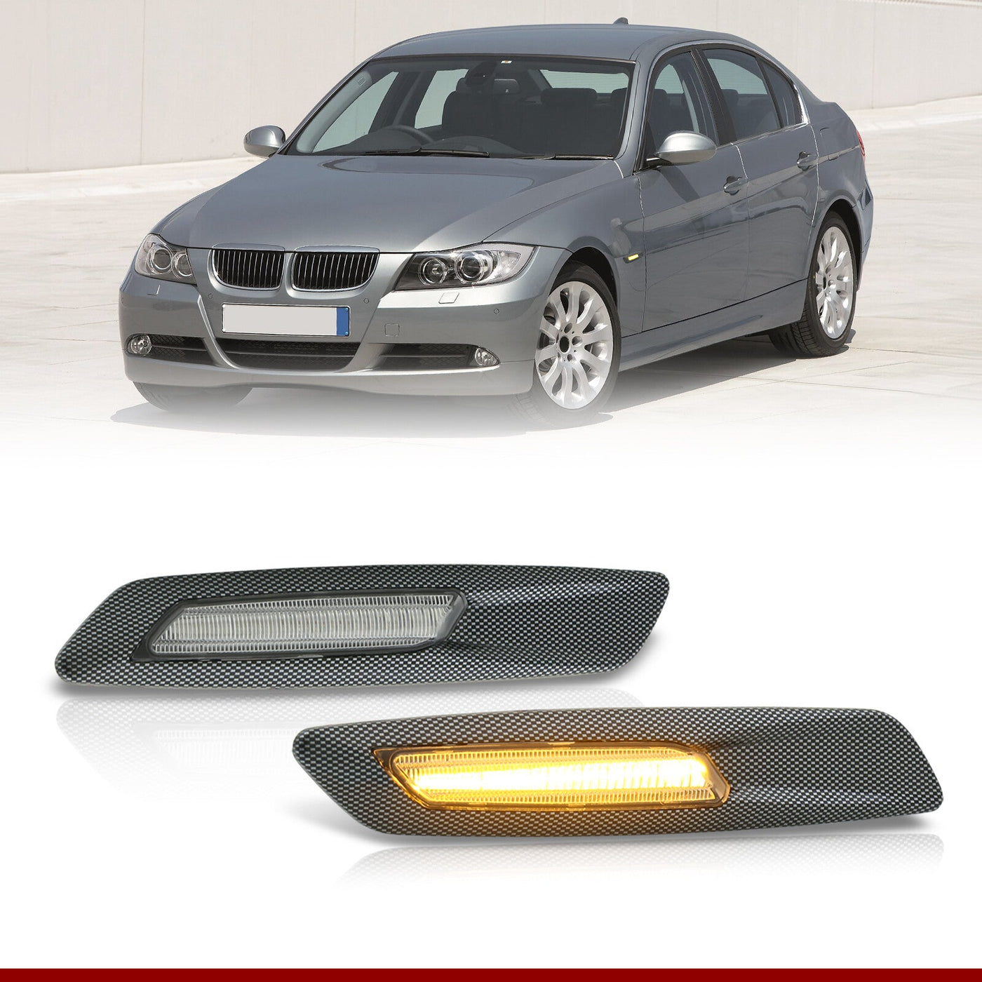 BMW 3 Series E60 E61 E82 E88 E90 E91 E92 E93 (Non-M3 Models) 2004-2010 Front Amber Sequential LED Side Marker Lights Clear Len + 3D Carbon Finishes (F10 Style)