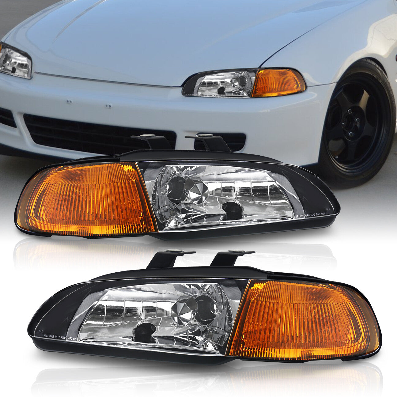 Honda Civic Coupe / Hatchback 1992-1995 1 Piece Style Headlights + Corners Black Housing Clear Len Amber Reflector