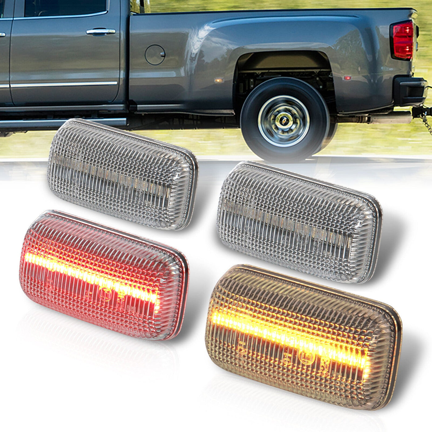 Chevrolet Silverado (Dually) 2500HD 3500HD 2015-2021 / GMC Sierra (Dually) 2500HD 3500HD 2015-2021 4 Piece Front Amber & Rear Red LED Fender Side Marker Lights Clear Len