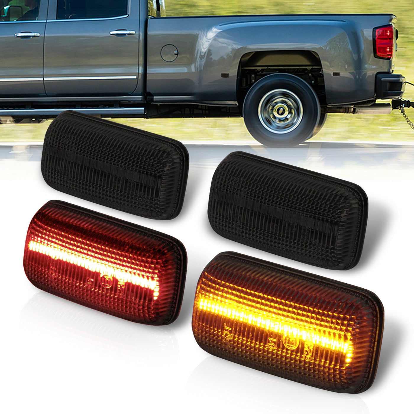 Chevrolet Silverado (Dually) 2500HD 3500HD 2015-2021 / GMC Sierra (Dually) 2500HD 3500HD 2015-2021 4 Piece Front Amber & Rear Red LED Fender Side Marker Lights Smoke Len