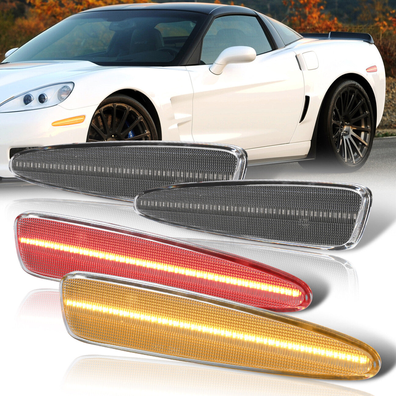 Chevrolet Corvette C6 2005-2013 4 Piece Front Amber & Rear Red LED Side Marker Lights Clear Len