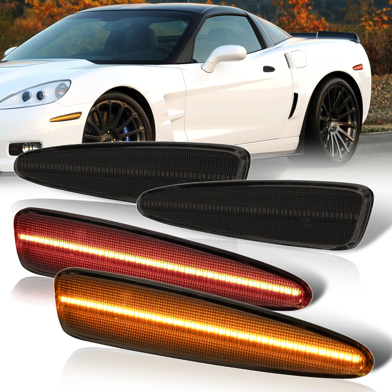 Chevrolet Corvette C6 2005-2013 4 Piece Front Amber & Rear Red LED Side Marker Lights Smoke Len