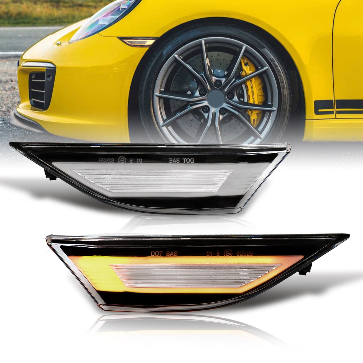 Porsche Carrera 991 2012-2019 / Boxster 981 718 2013-2021 / Cayman 982 2014-2022 Front Amber LED Side Marker Lights Clear Len