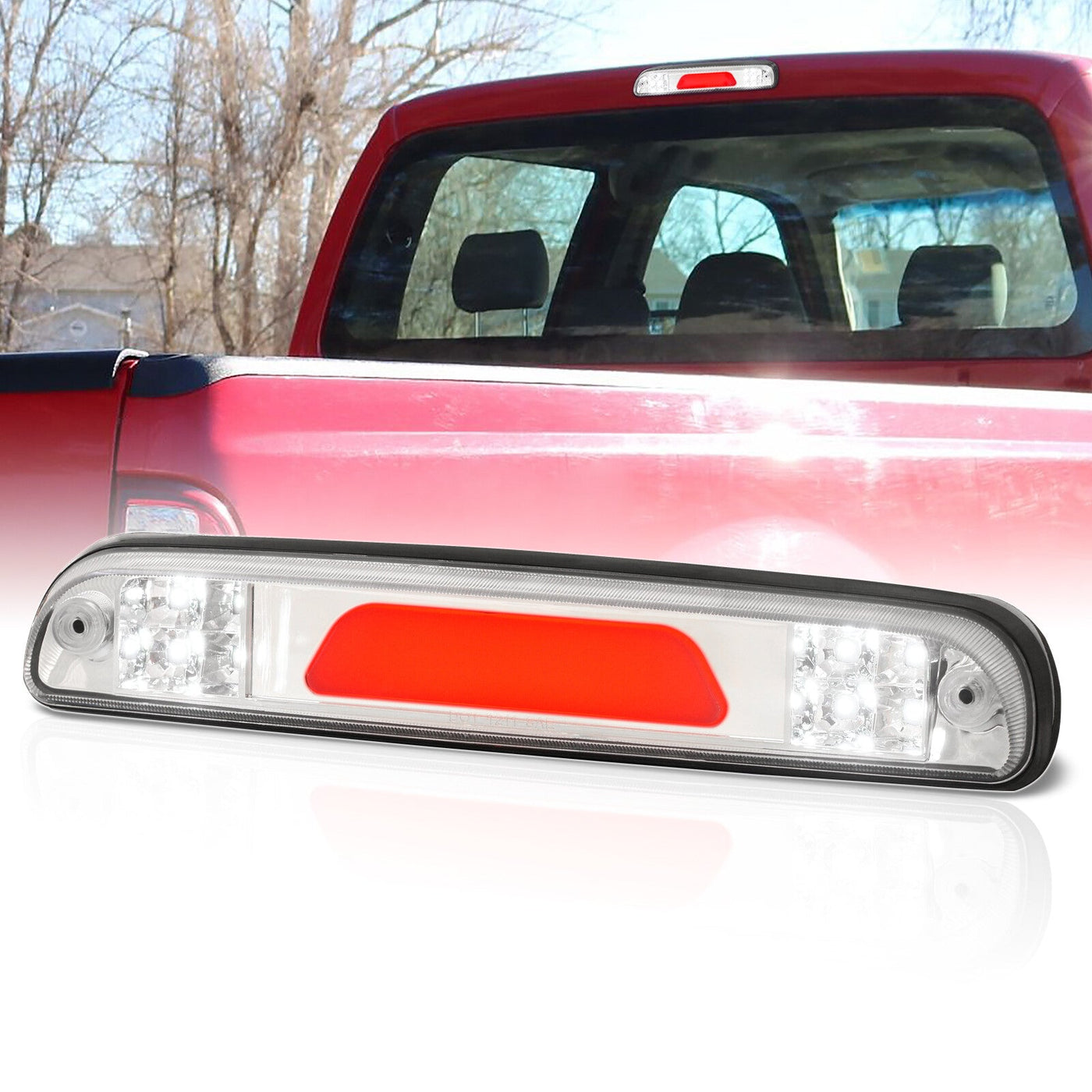 Ford F250 F350 F450 (Super Duty Models Only) 1999-2016 / Ford Ranger 1993-2011 / Mazda B2300 B2500 B300 B400 1995-2003 LED Bar 3rd Brake Light Chrome Housing Clear Len (Version 2)