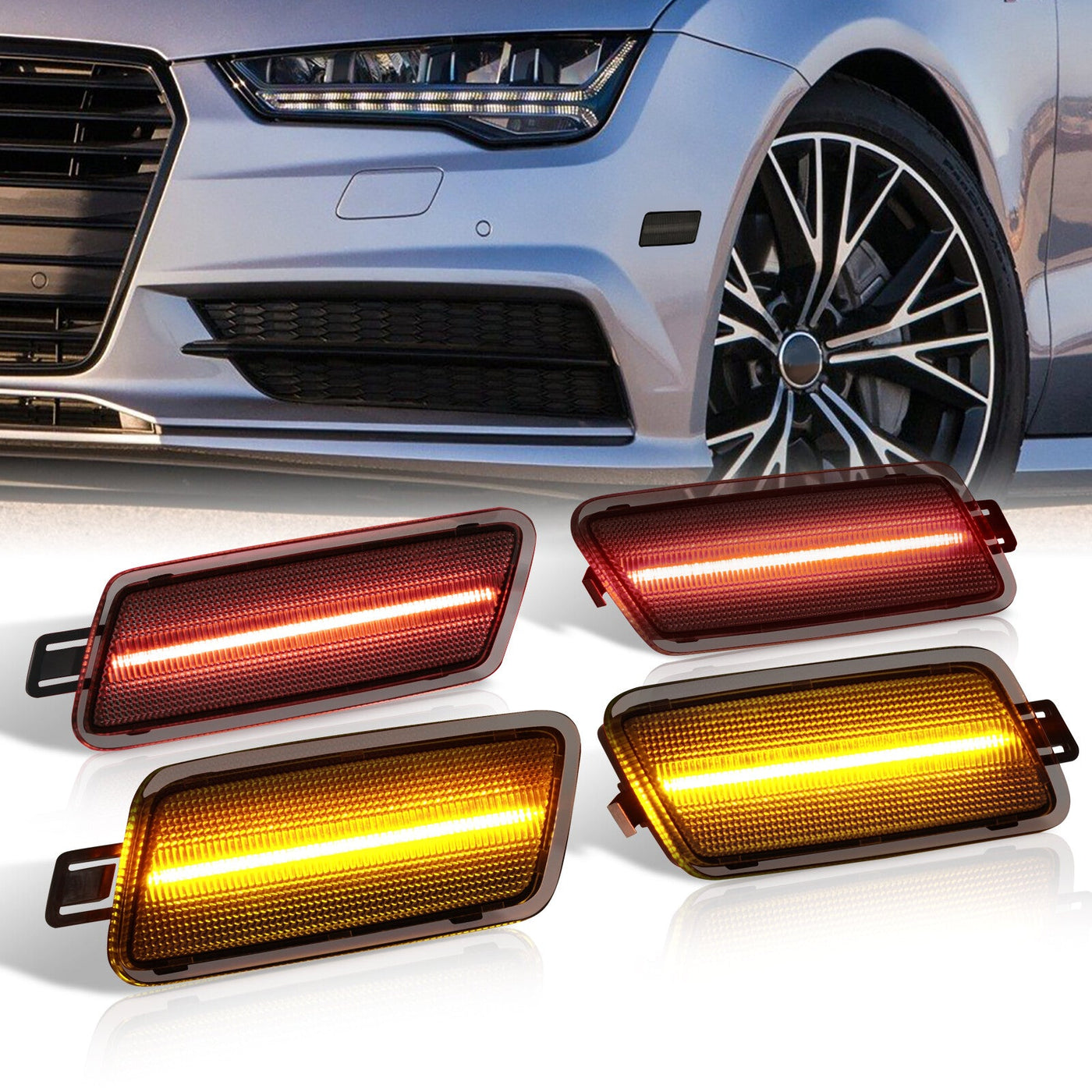 Audi A7 2012-2018 4 Piece Front Amber & Rear Red LED Side Marker Lights Smoke Len