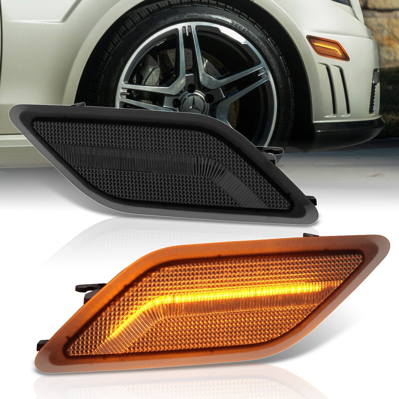 Mercedes Benz E-Class W212 C207 A207 E300 E350 E550 E63 AMG 2010-2013 Front Amber LED Side Marker Lights Smoke Len