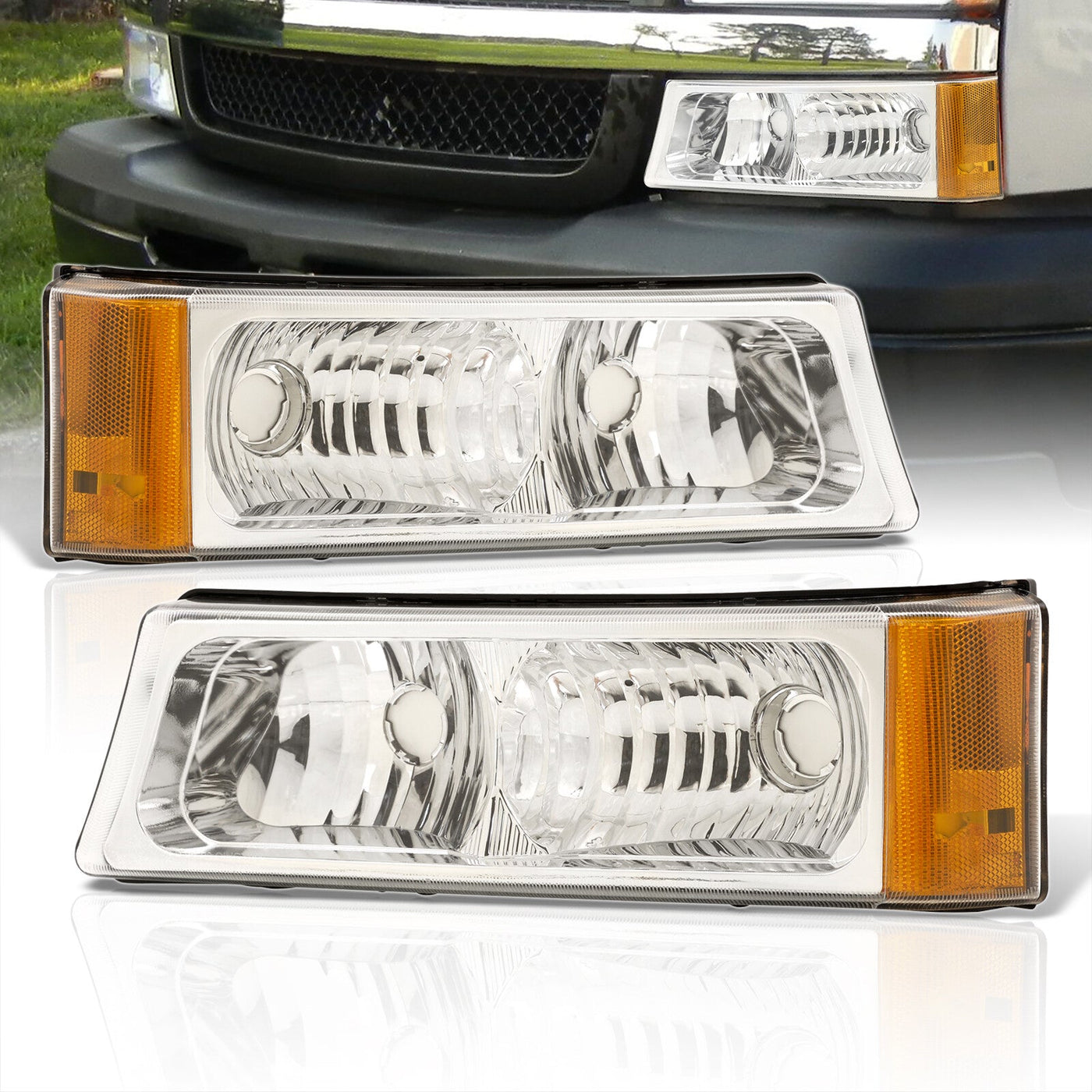 Chevy Silverado 03-06 Bumper Lights Chrome Housing Clear Lens Amber Reflectors