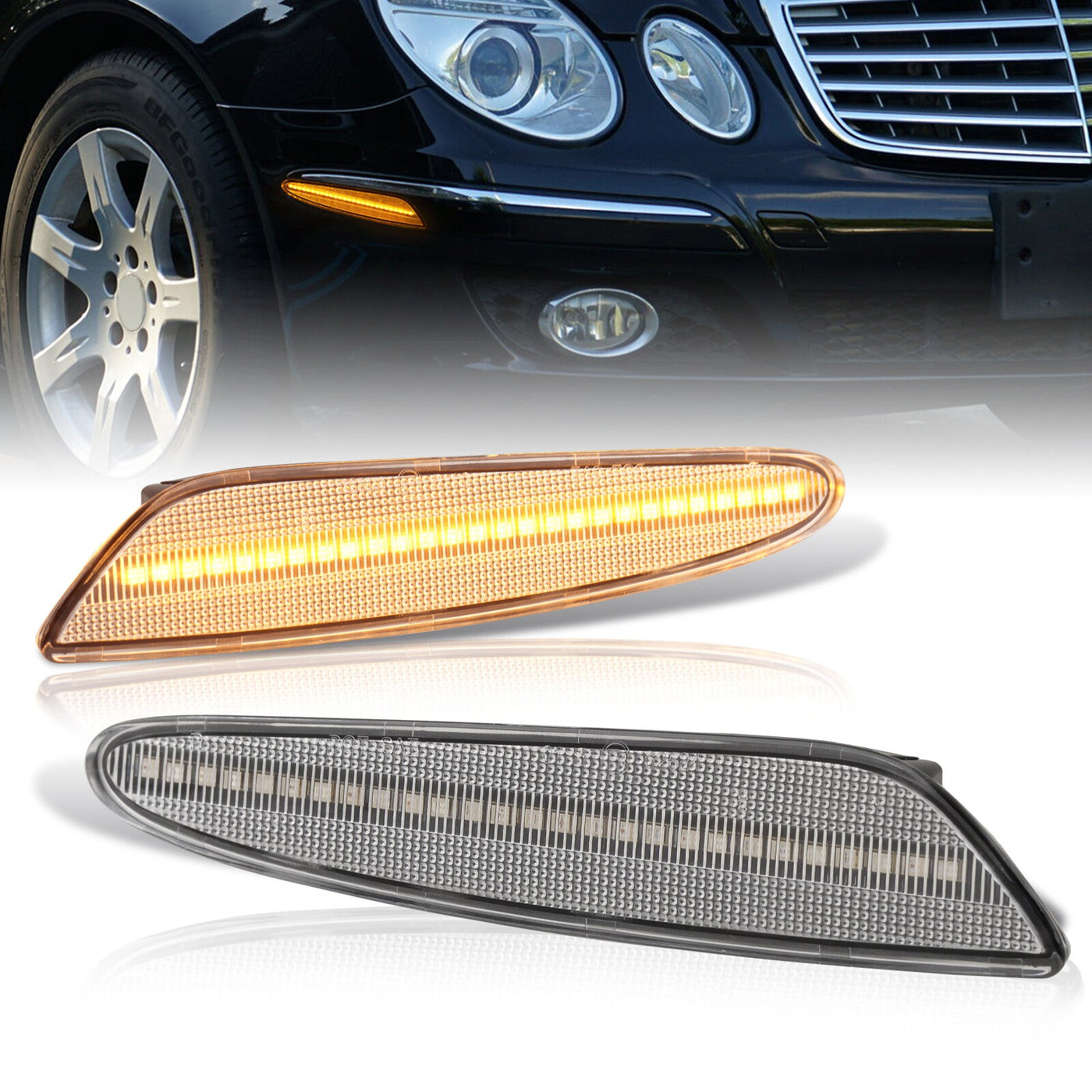 Mercedes Benz E-Class W211 E320 2003-2006 / E350 2006 / E500 2003-2006 / E55 AMG 2003-2006 Front Amber LED Side Marker Lights Clear Len