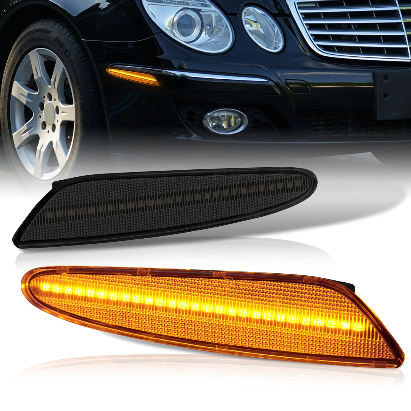 Mercedes Benz E-Class W211 E320 2003-2006 / E350 2006 / E500 2003-2006 / E55 AMG 2003-2006 Front Amber LED Side Marker Lights Smoke Len