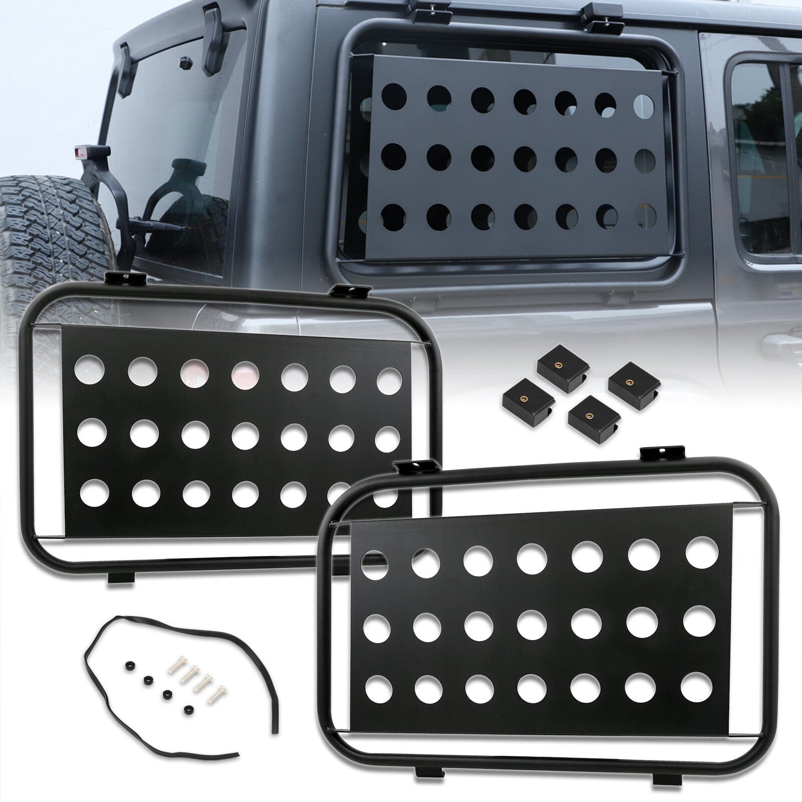 Jeep Wrangler JL 2018-2021 Aluminum Rear Side Window Glass Protector Molle Cover Panels Black - Parts Agent