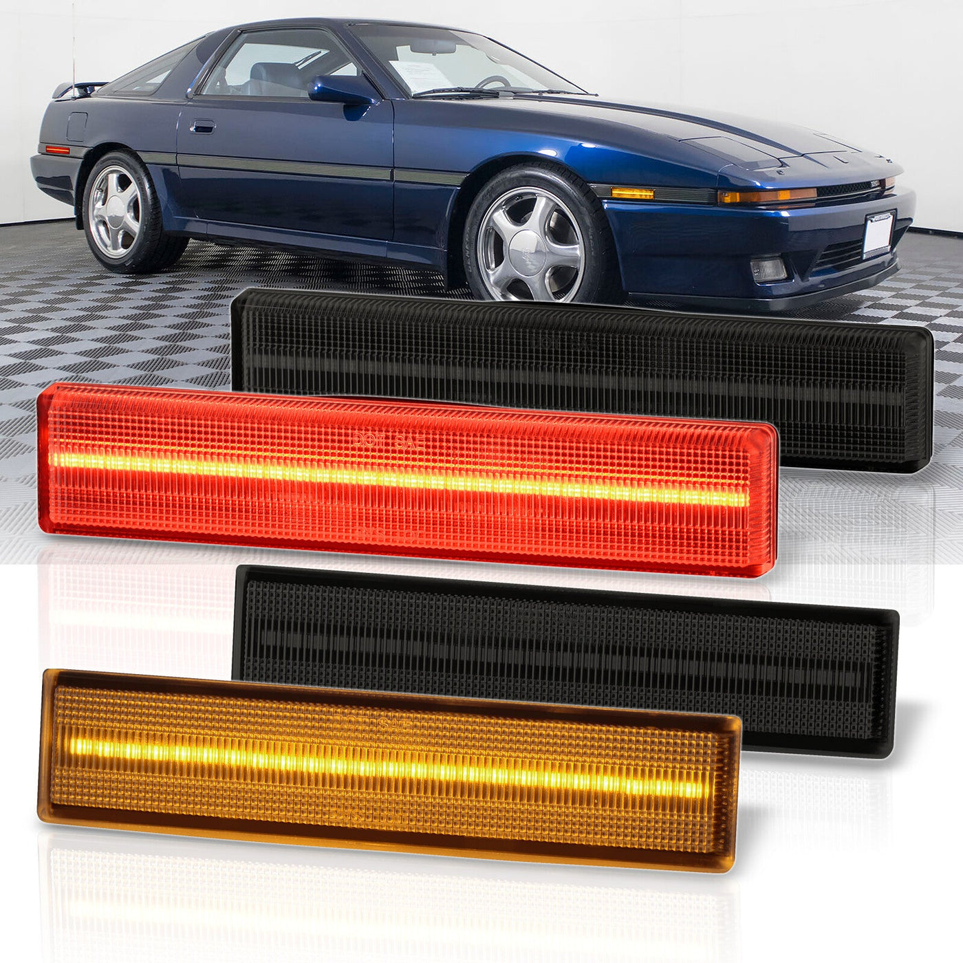 Toyota Supra A70 MK3 1986-1992 4 Piece Front Amber & Rear Red LED Side Marker Lights Smoke Len