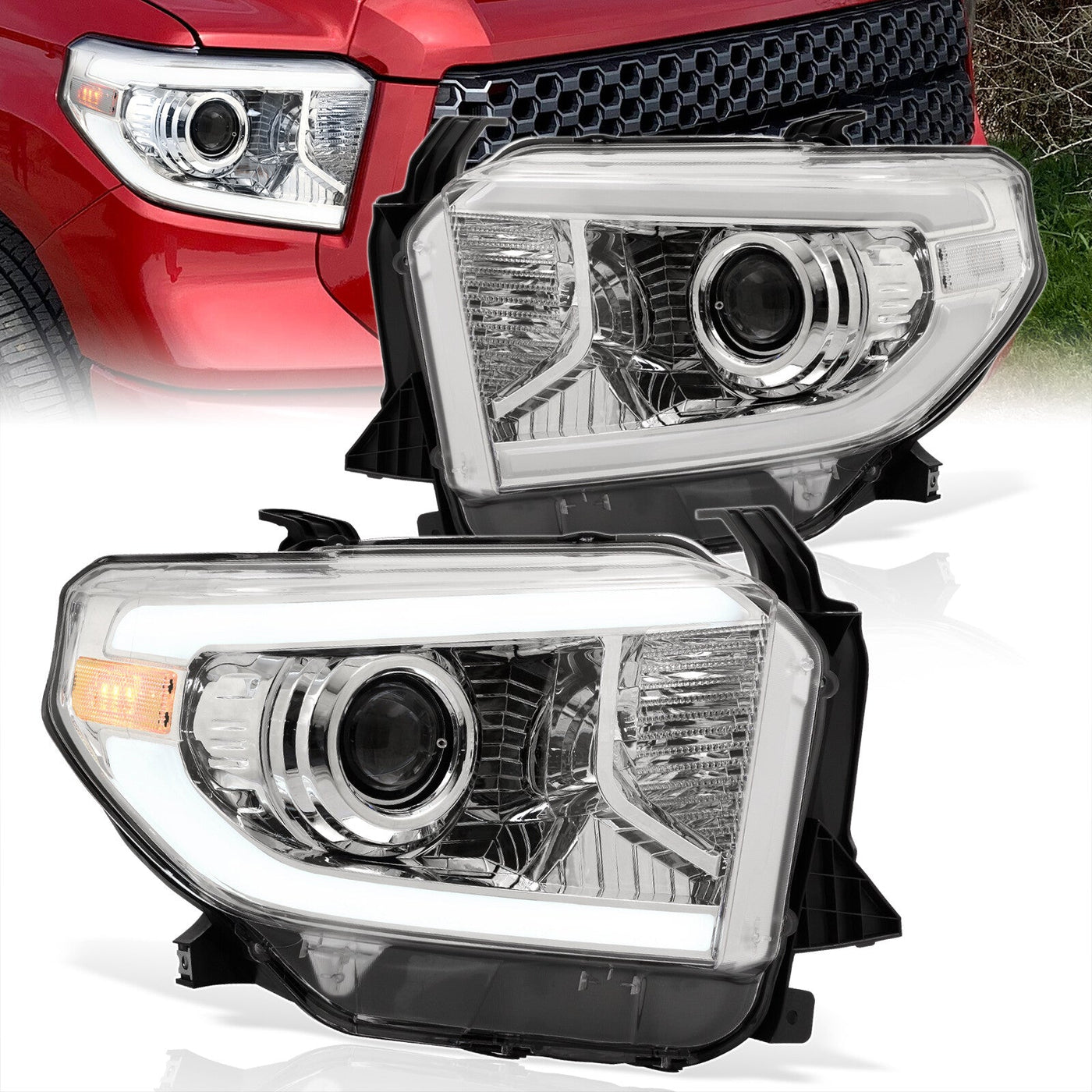 Toyota Tundra 2014-2021 LED DRL Bar Projector Headlights Chrome Housing Clear Len Clear Reflector (Halogen Models Only)